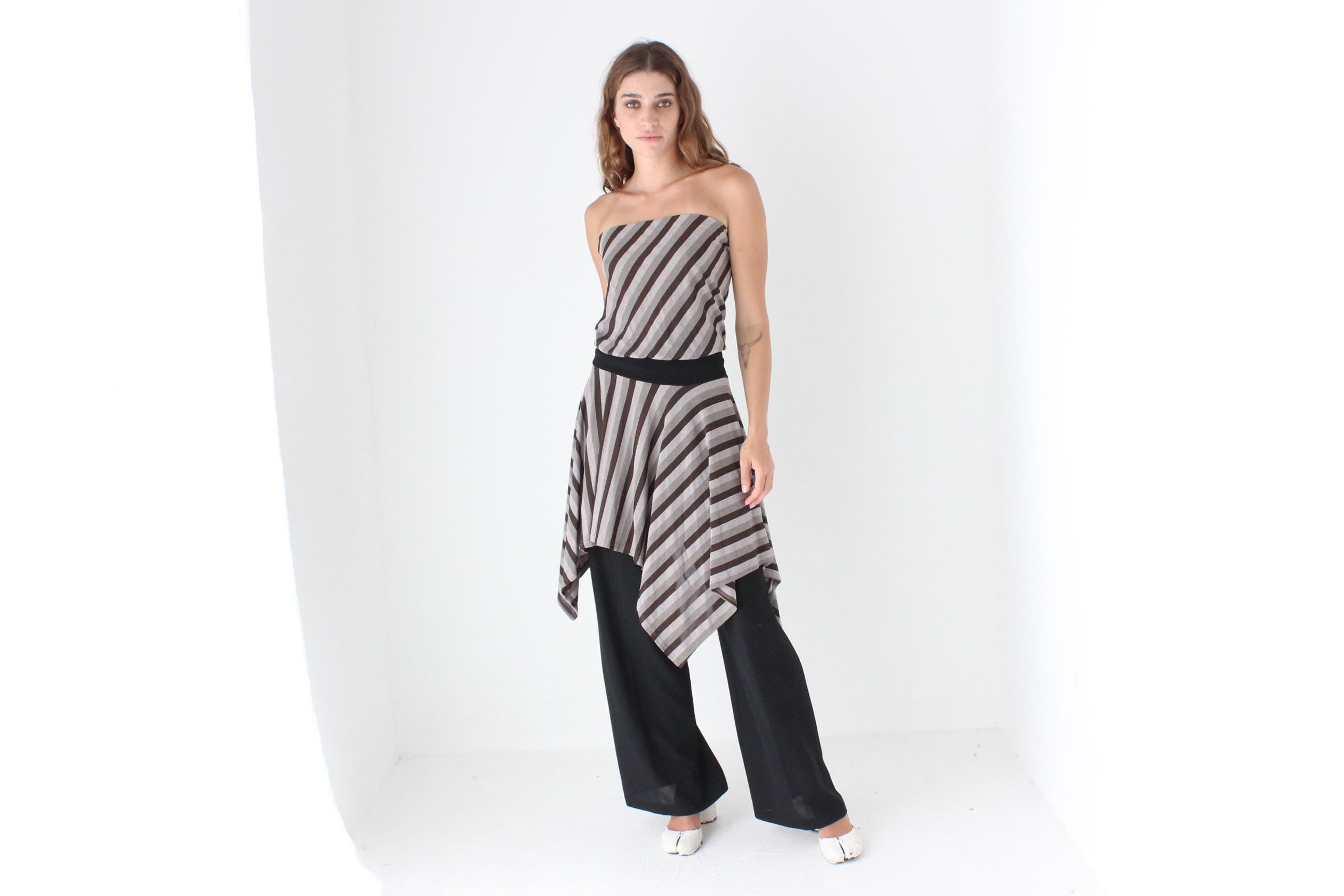 Y2K Grey Tone Striped Jagged Hem Dress