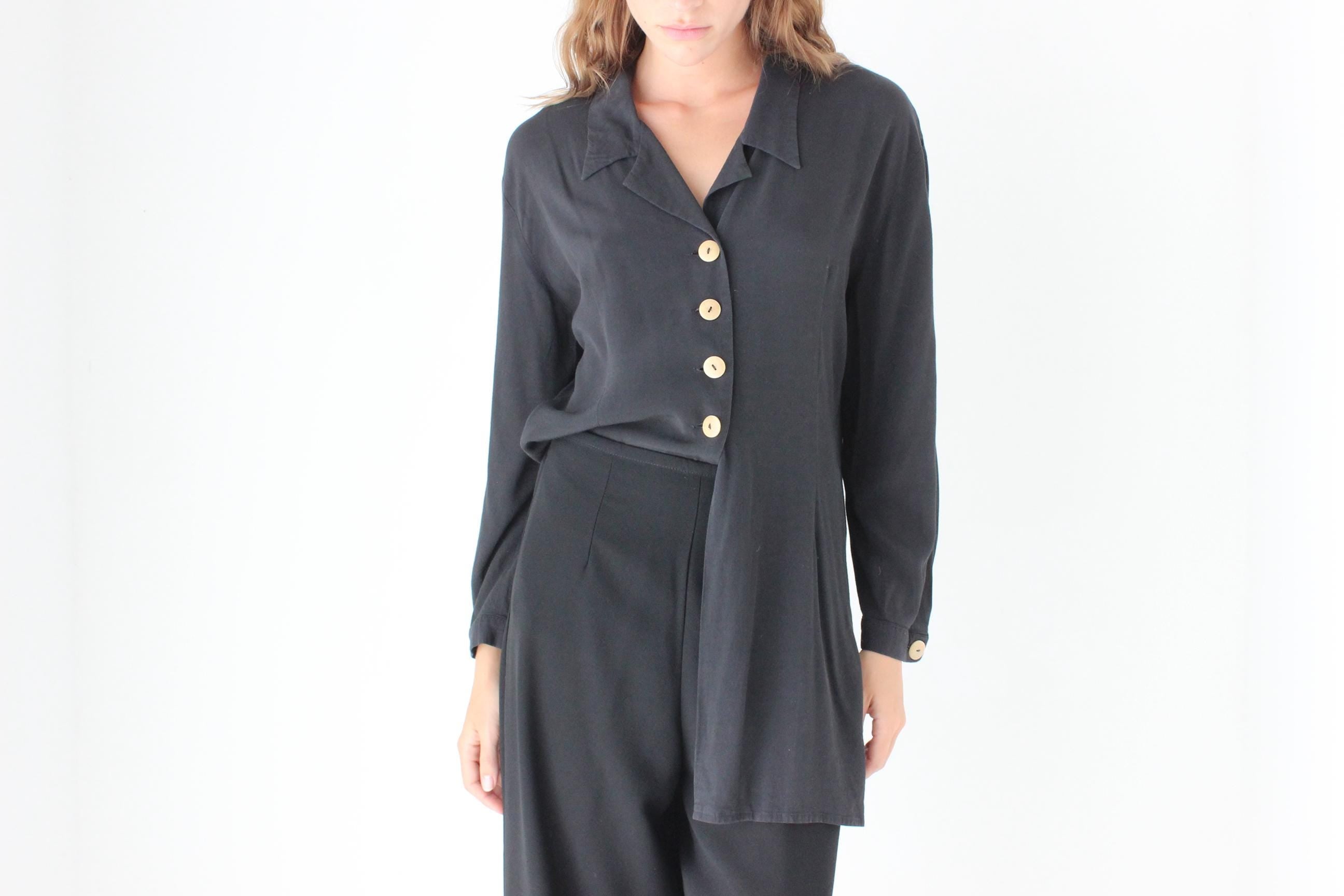 90s Relaxed Silk-Feel Black Shirt