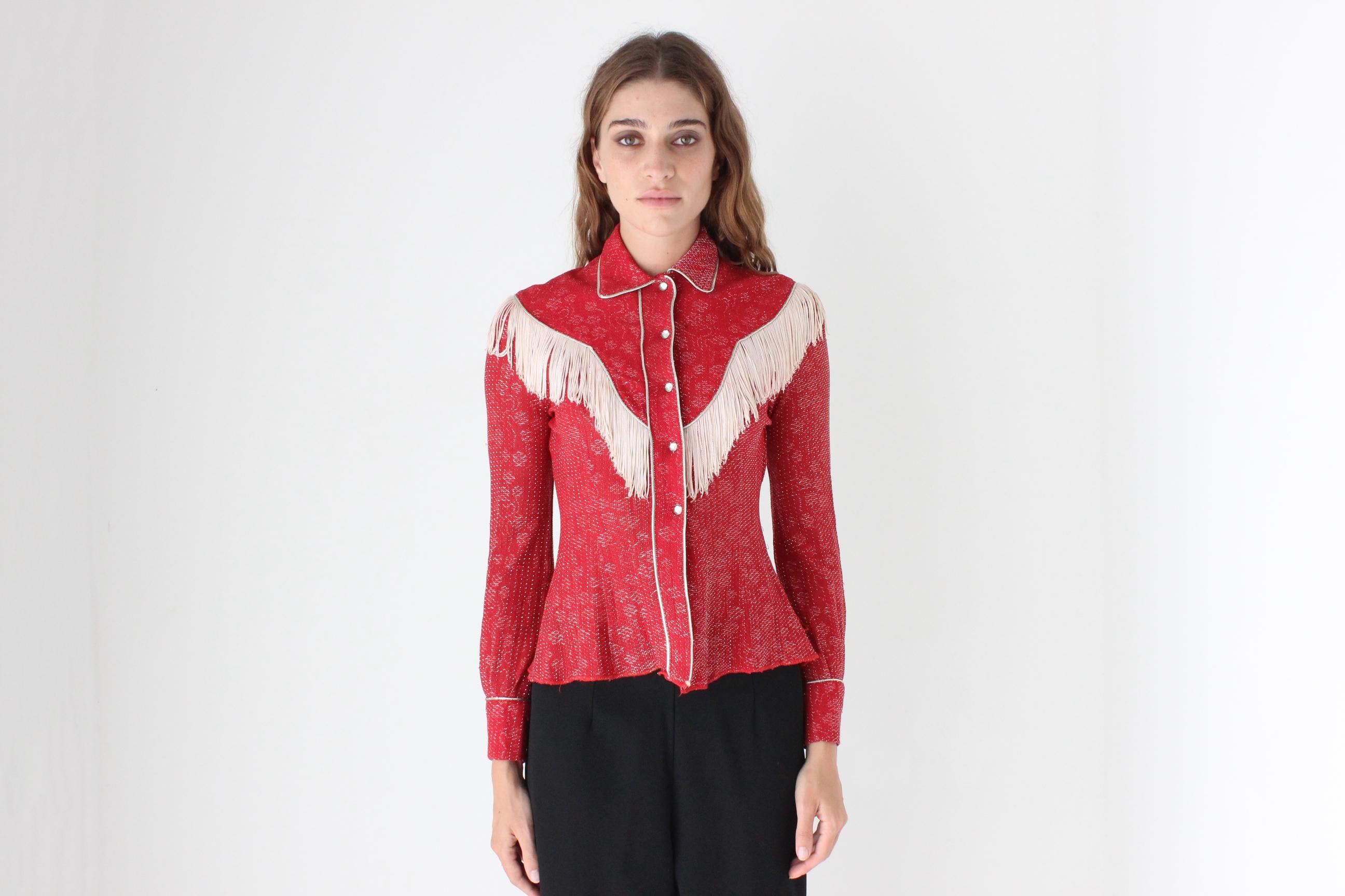 1970s Red Lurex Cowgirl Fringe Top by Ranch Maid Colorado