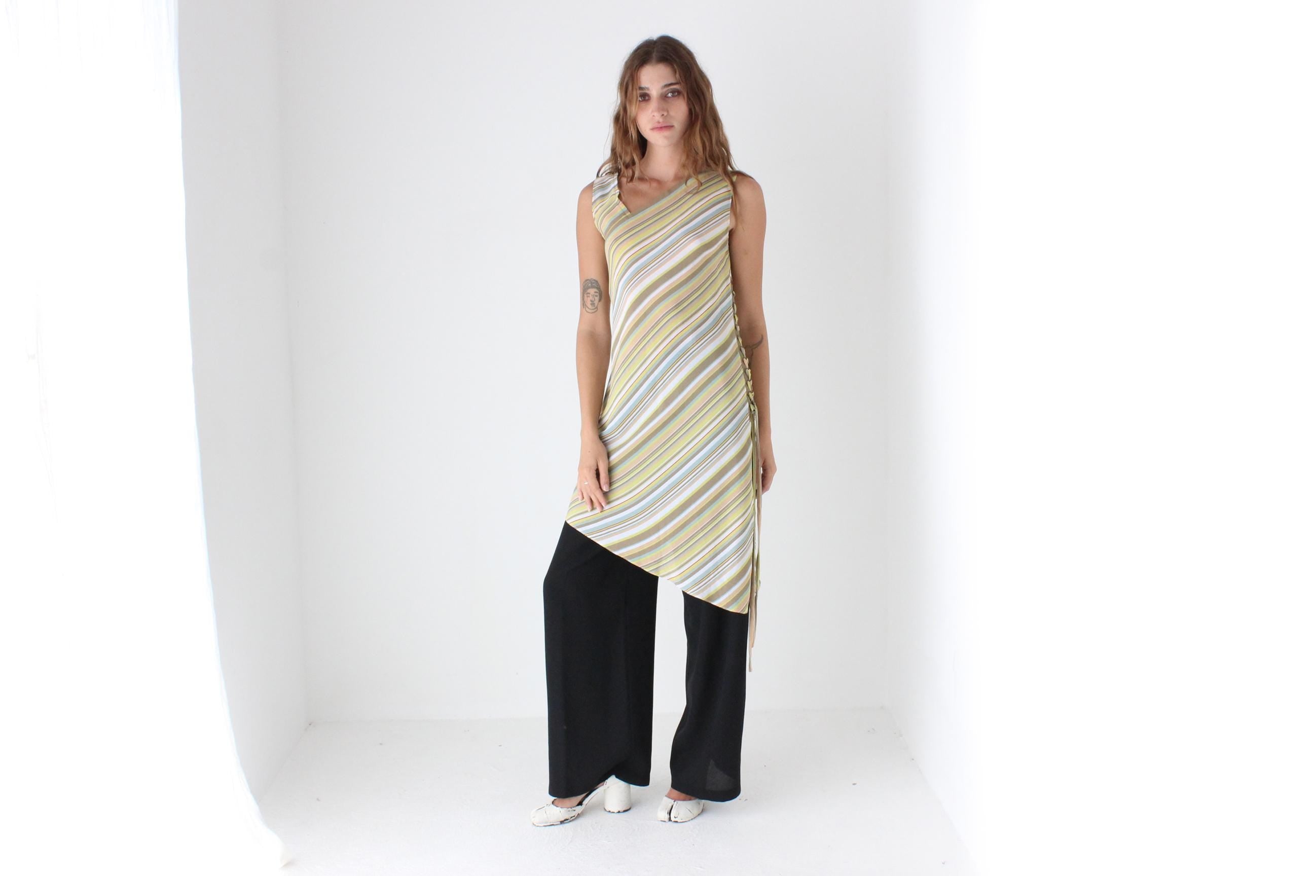 Y2K Pastel Diagonal Striped Asymmetric Dress