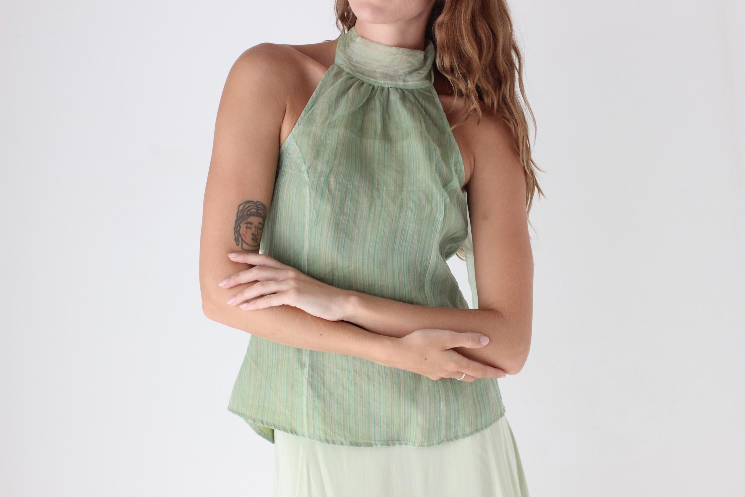 Y2K Pastel Silk Organza Tie Up Halter Top