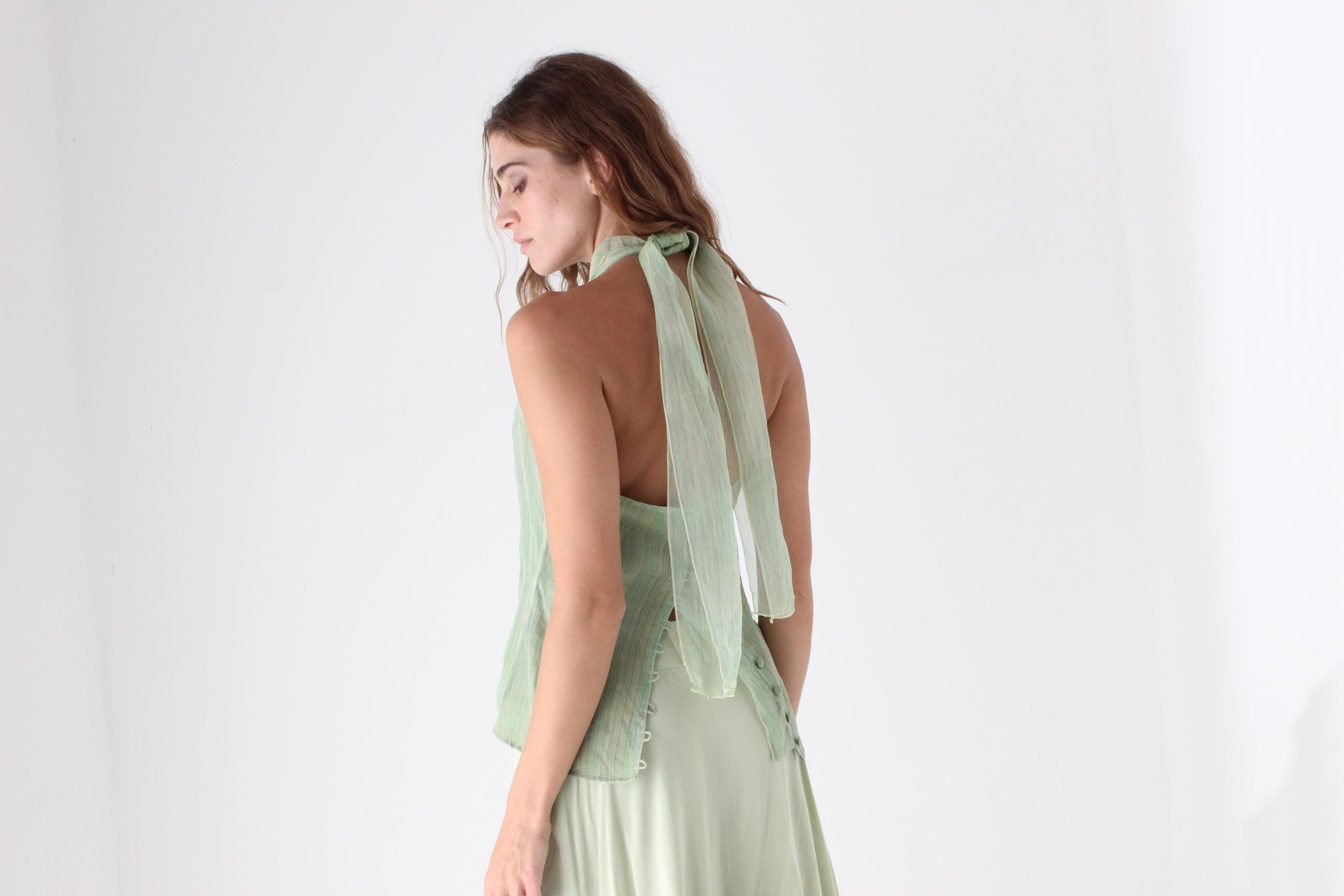 Y2K Pastel Silk Organza Tie Up Halter Top