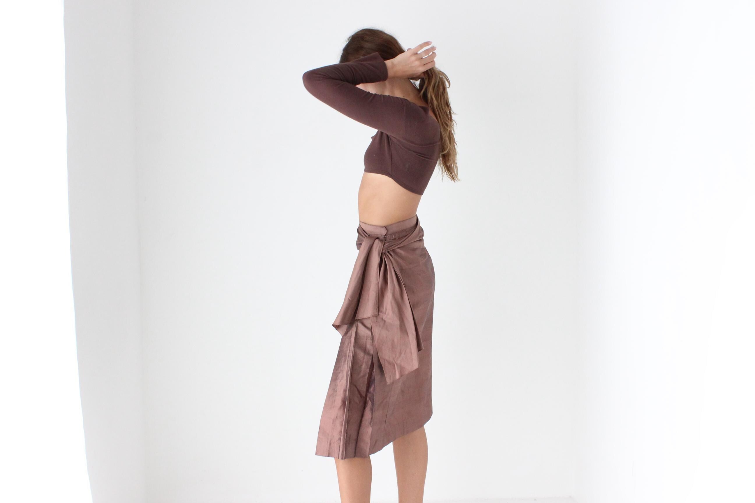 Interesting 80s Silk Taffeta Kilt Skirt w/ Sash Tie