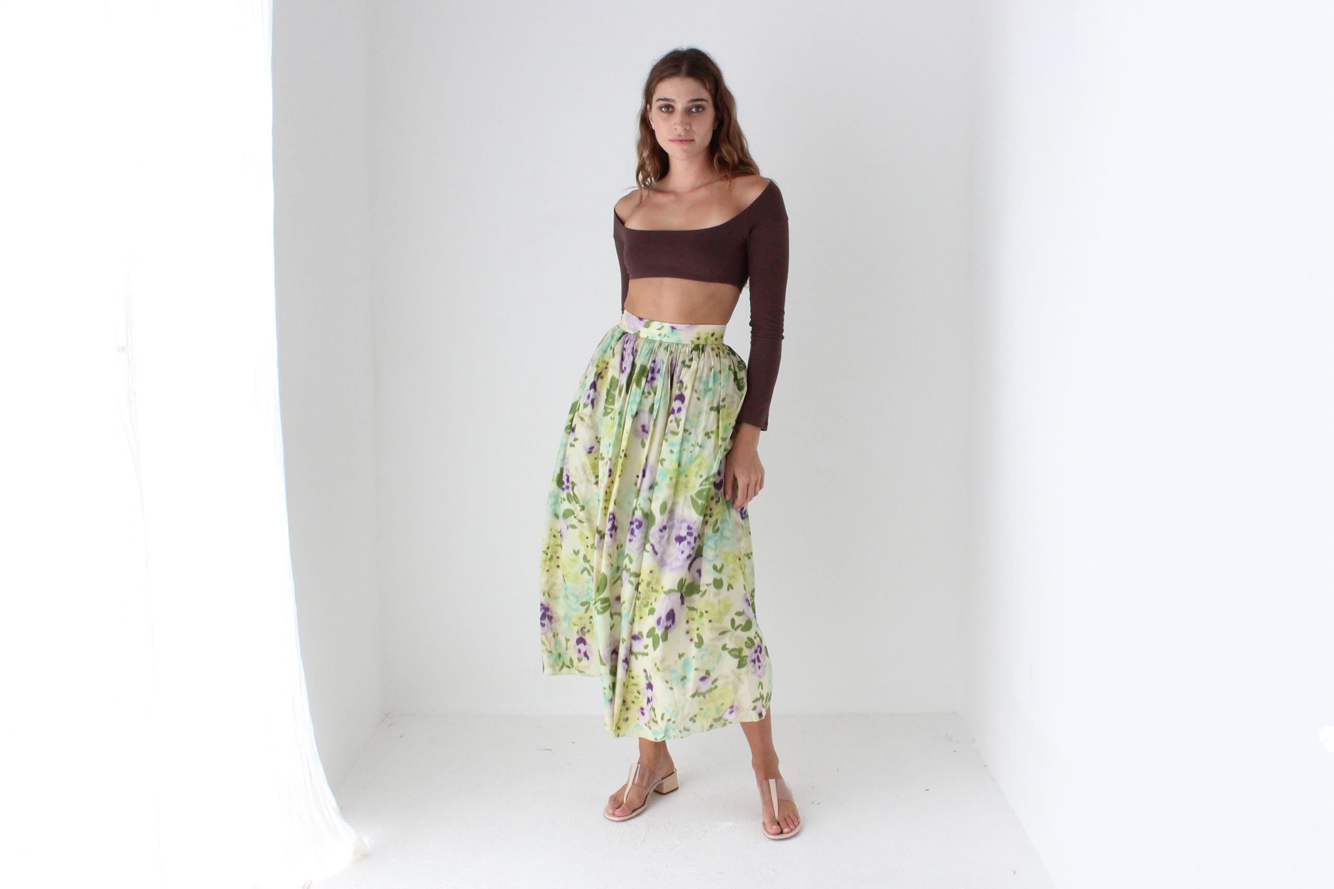 80s Pure Silk Watercolour Floral Skirt