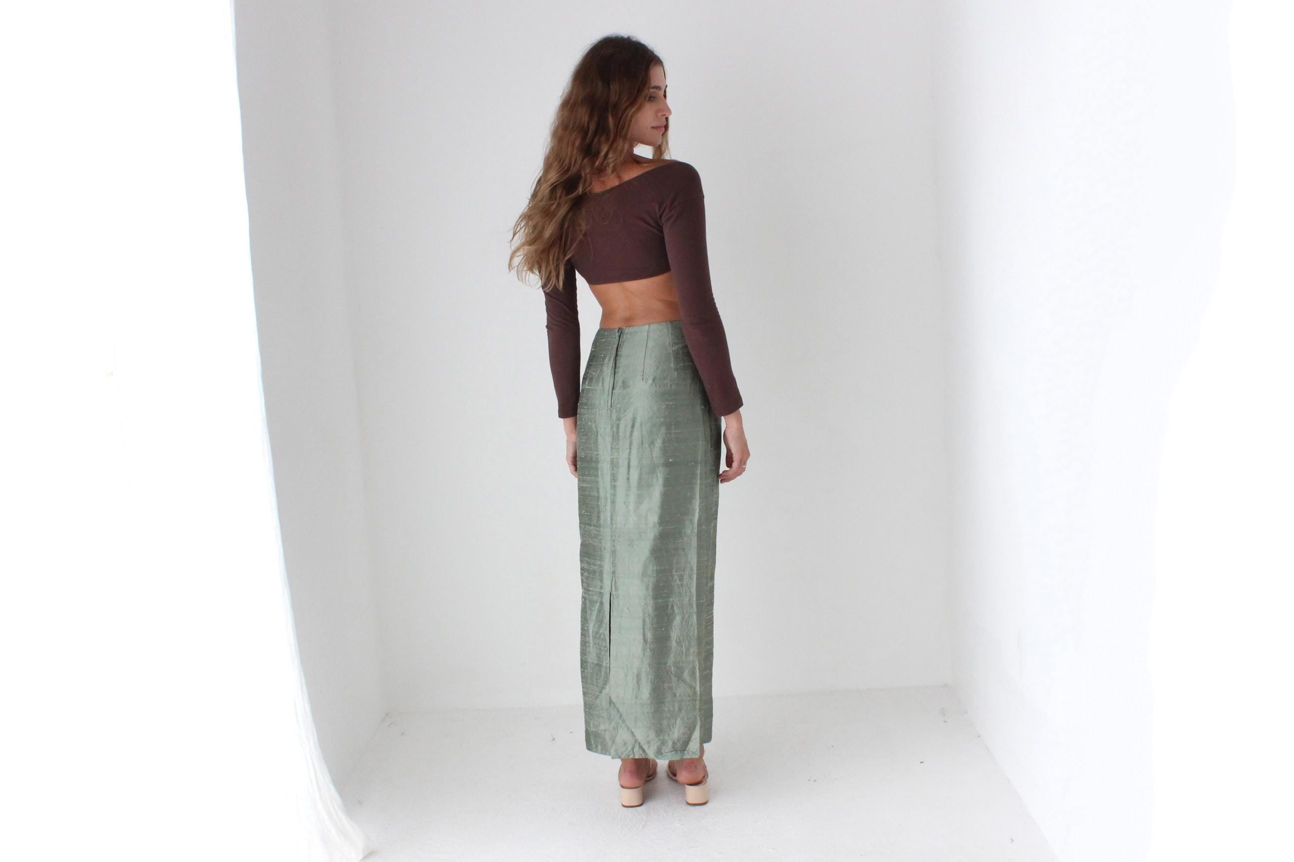 80s Moss Green Raw Silk Column Skirt