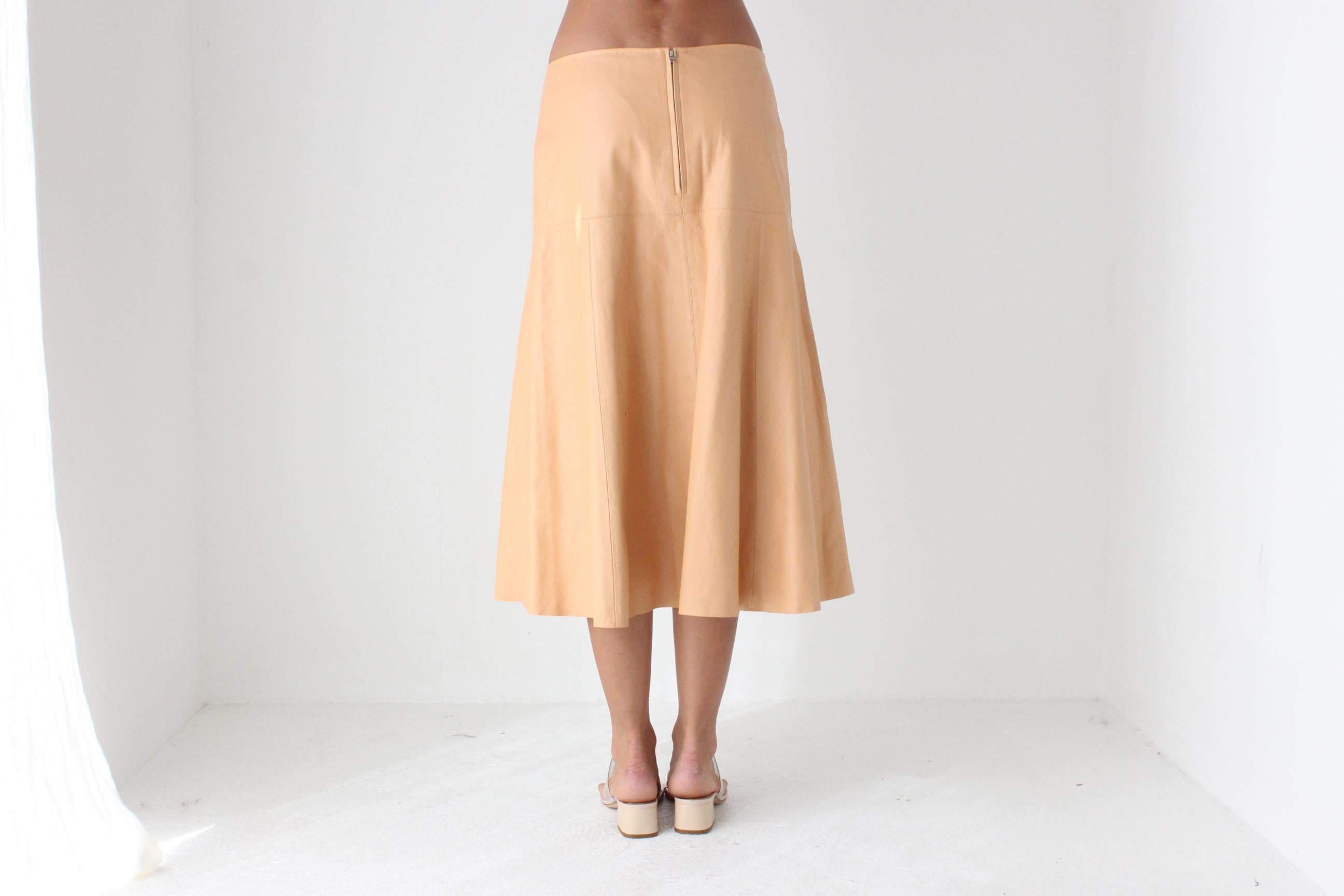 Pastel Peach Genuine Leather Midi Skirt