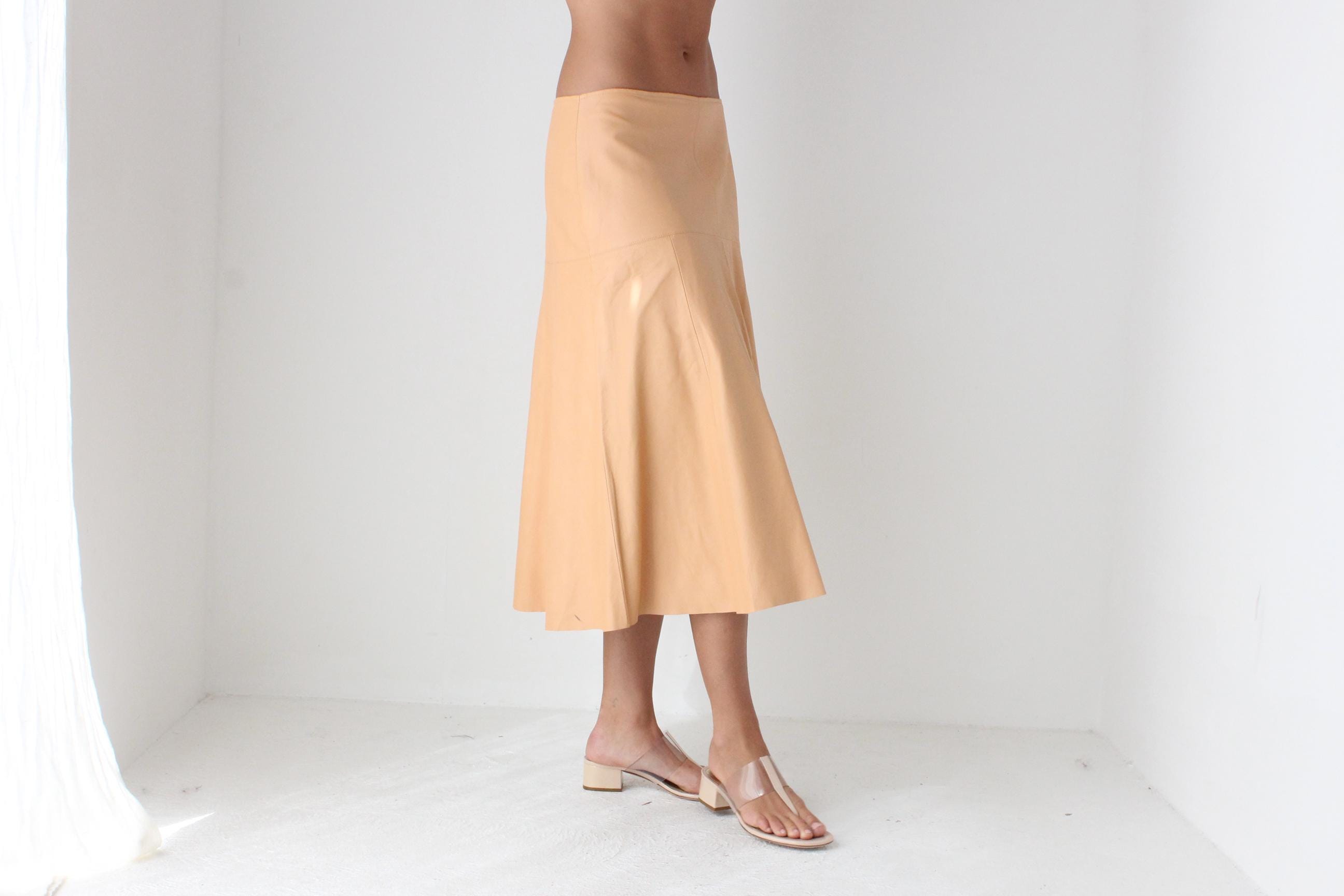 Pastel Peach Genuine Leather Midi Skirt