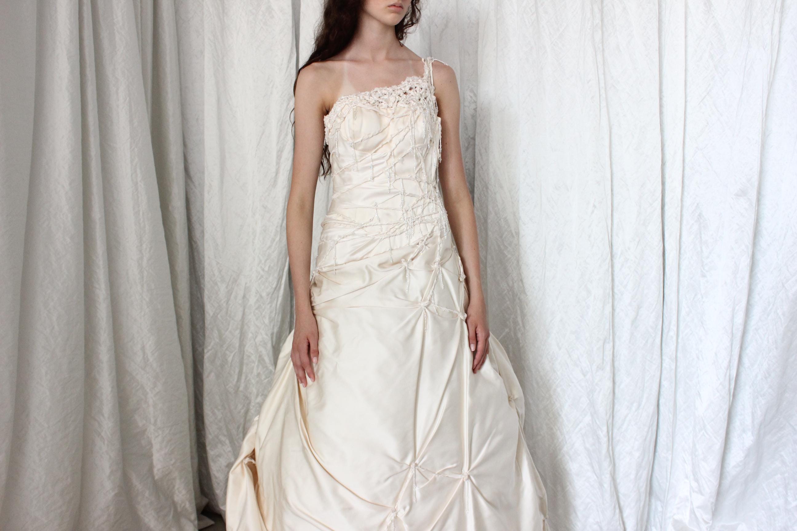 Wild 2000s Duchess Silk Asymmetric Textural Wedding Gown w/ Knots & Beading