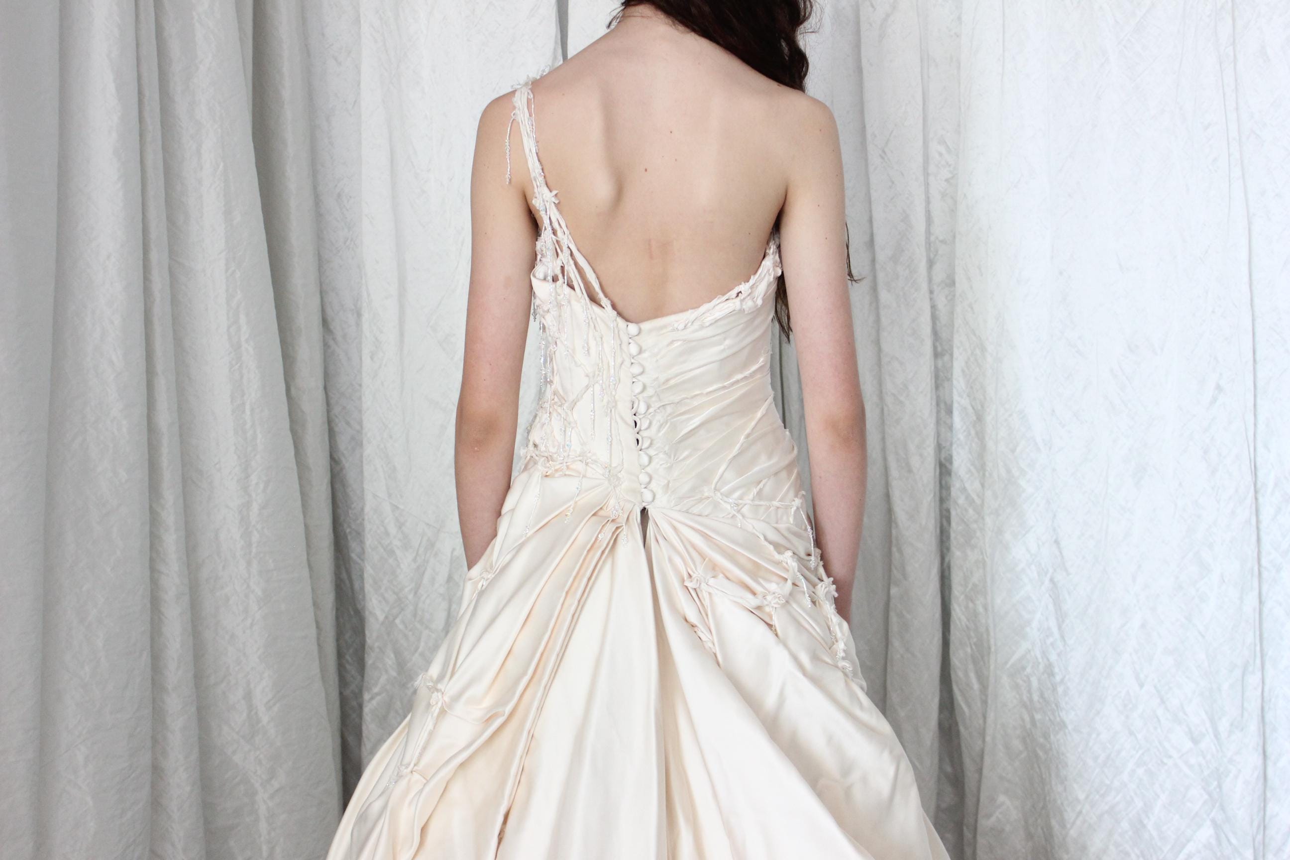 Wild 2000s Duchess Silk Asymmetric Textural Wedding Gown w/ Knots & Beading