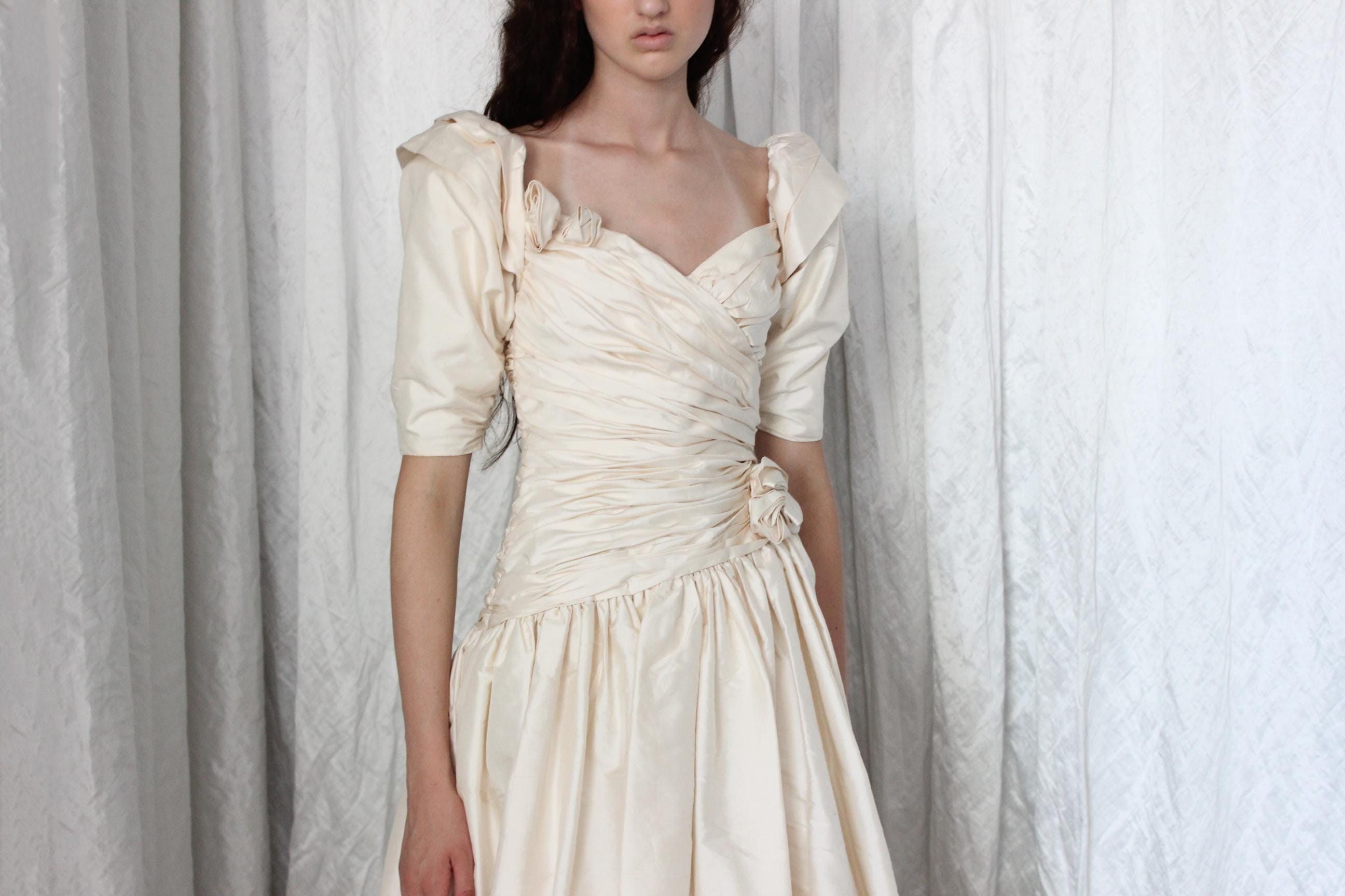 80s Raw Silk Taffeta Gathered Puff Sleeve, Drop Waist Wedding Dress