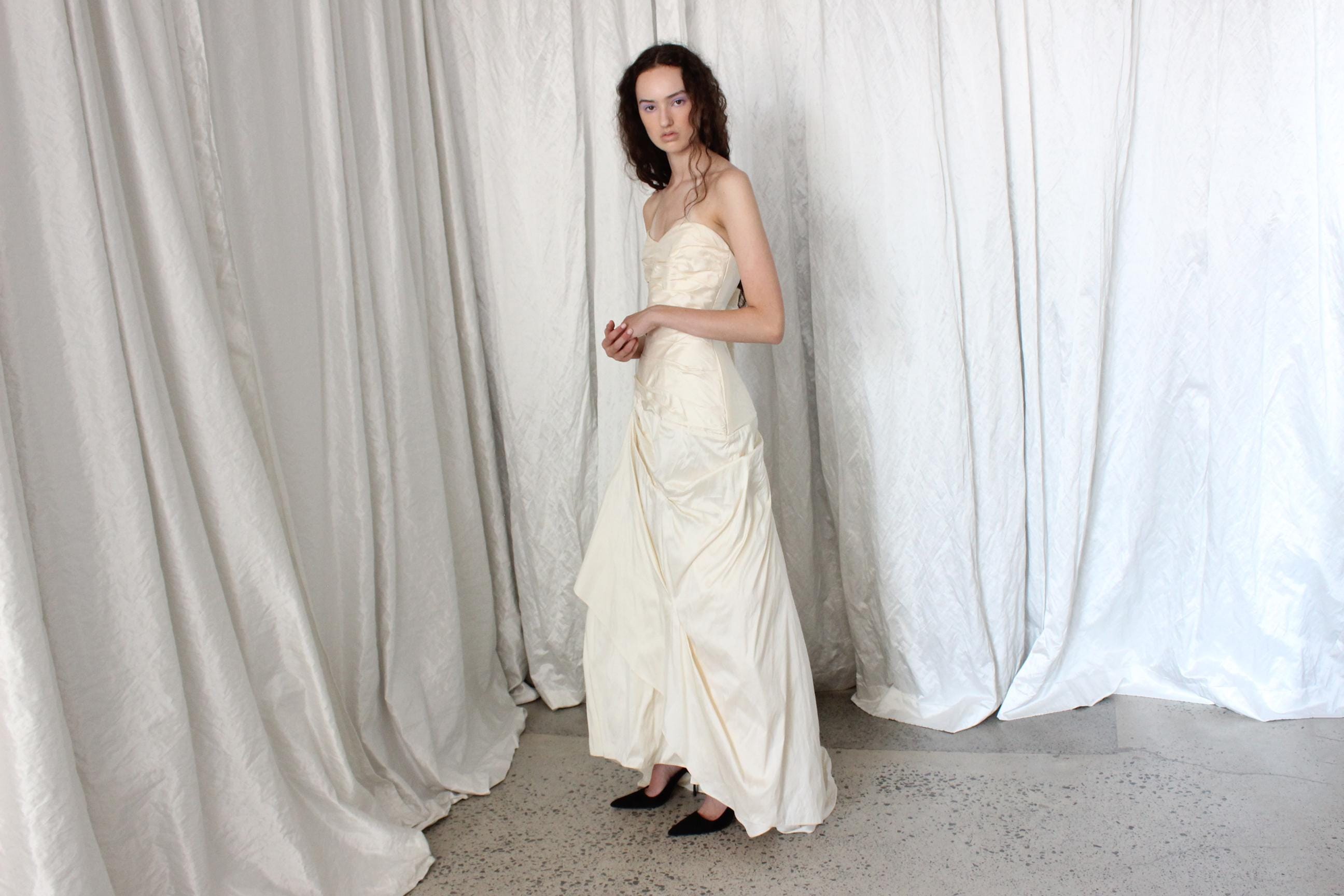 2000s Raw Silk Strapless Gathered & Tucked Gown