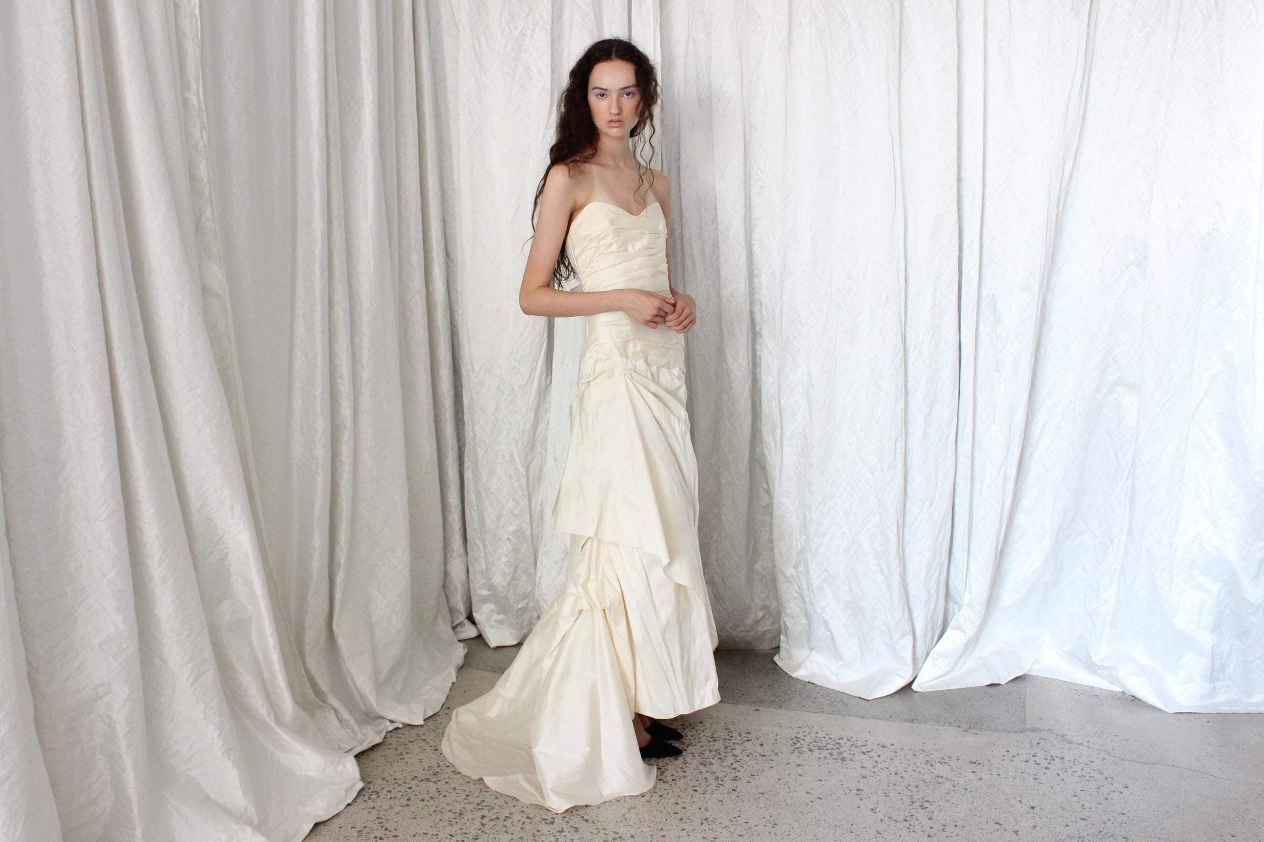 2000s Raw Silk Strapless Gathered & Tucked Gown