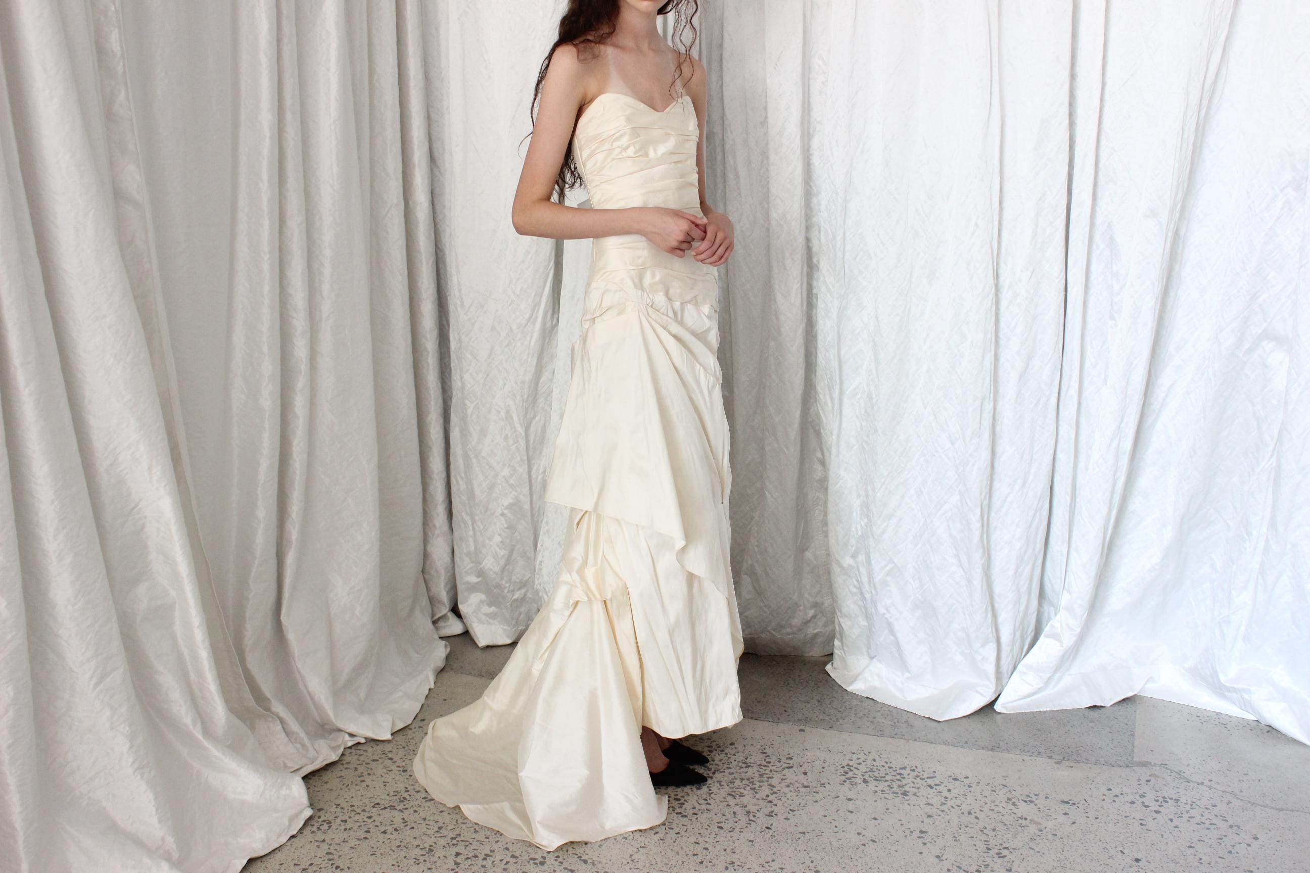 2000s Raw Silk Strapless Gathered & Tucked Gown