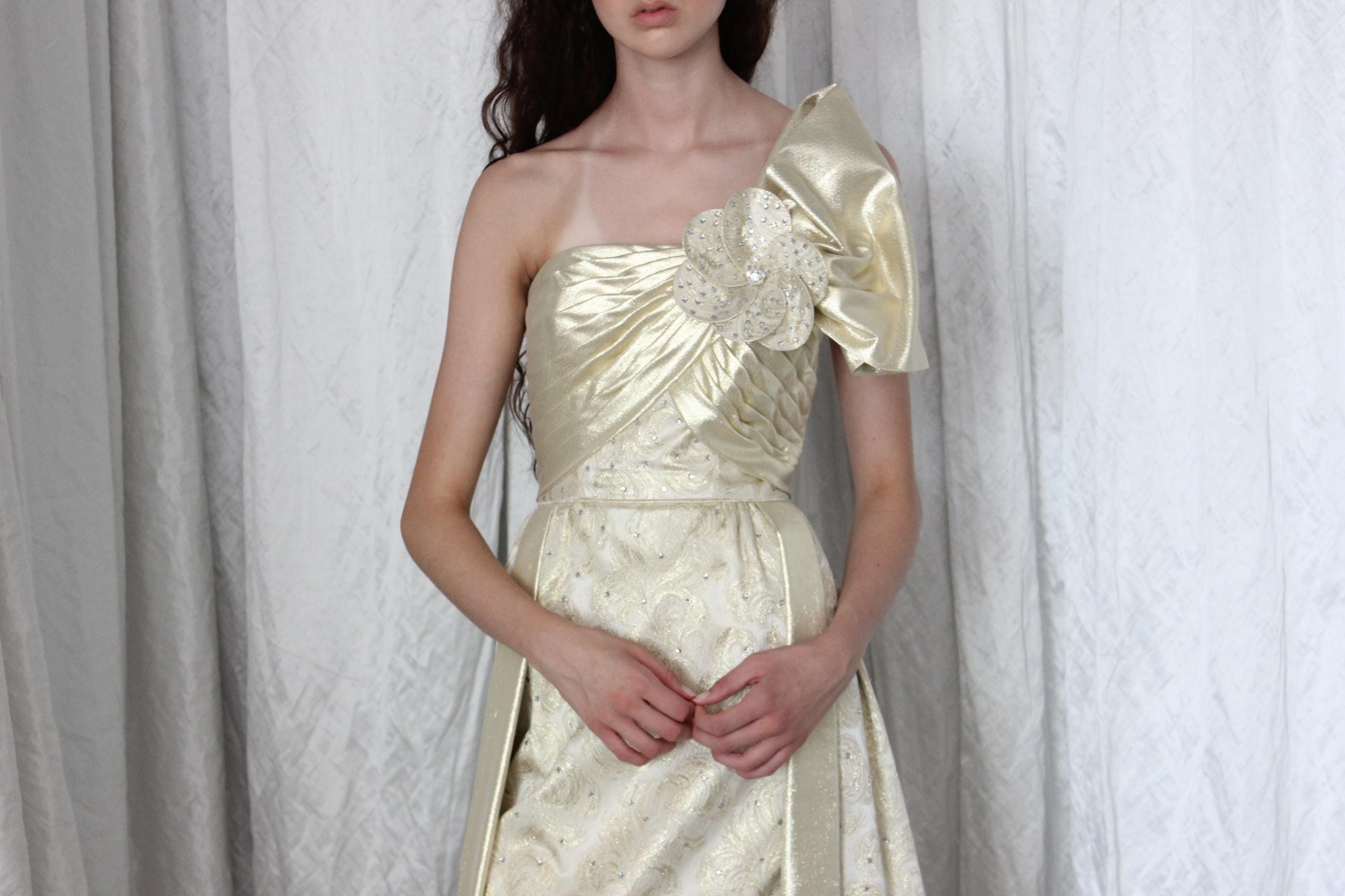 1980s Gold Hollywood Glamour Gown by Rose Taft Couture