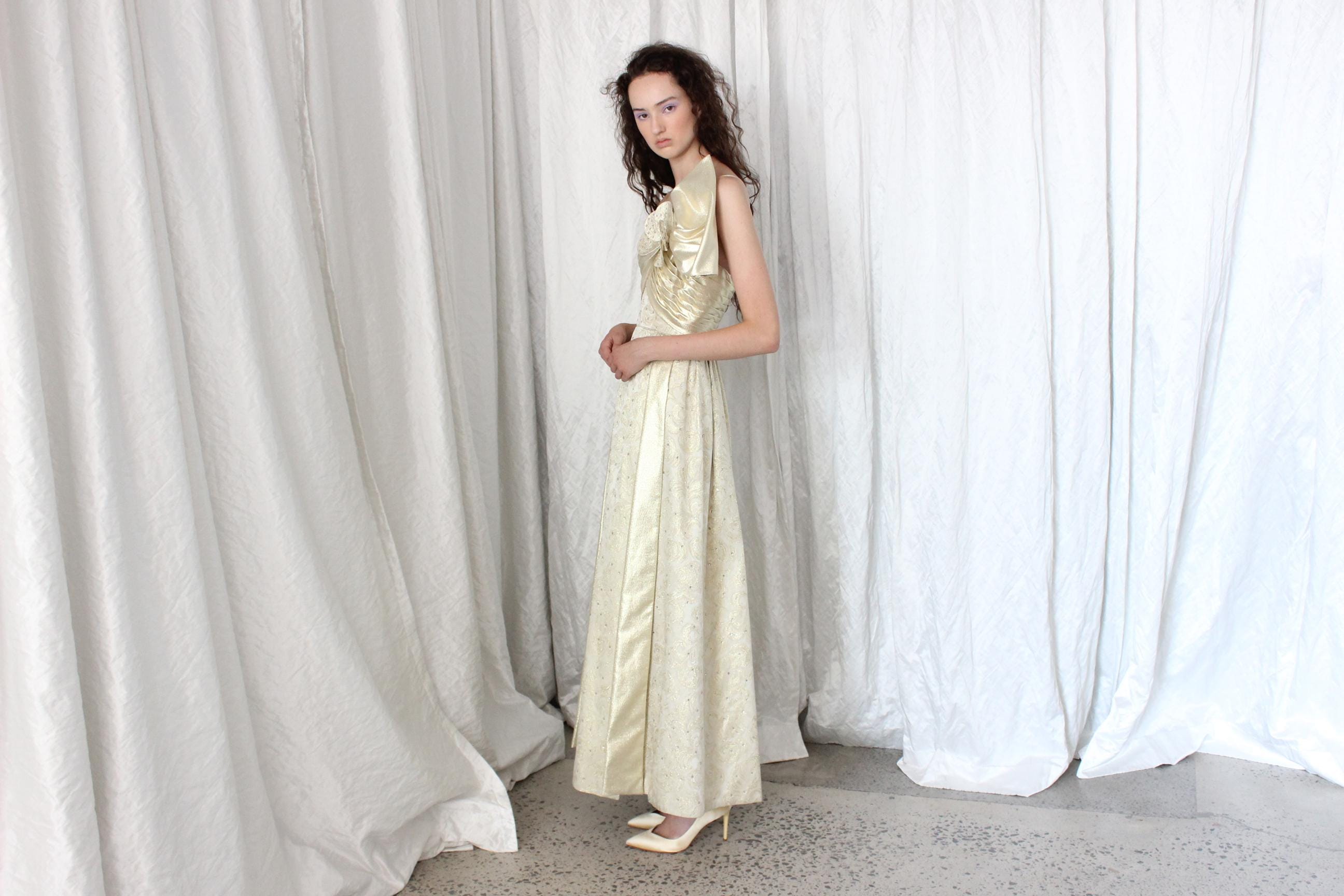 1980s Gold Hollywood Glamour Gown by Rose Taft Couture