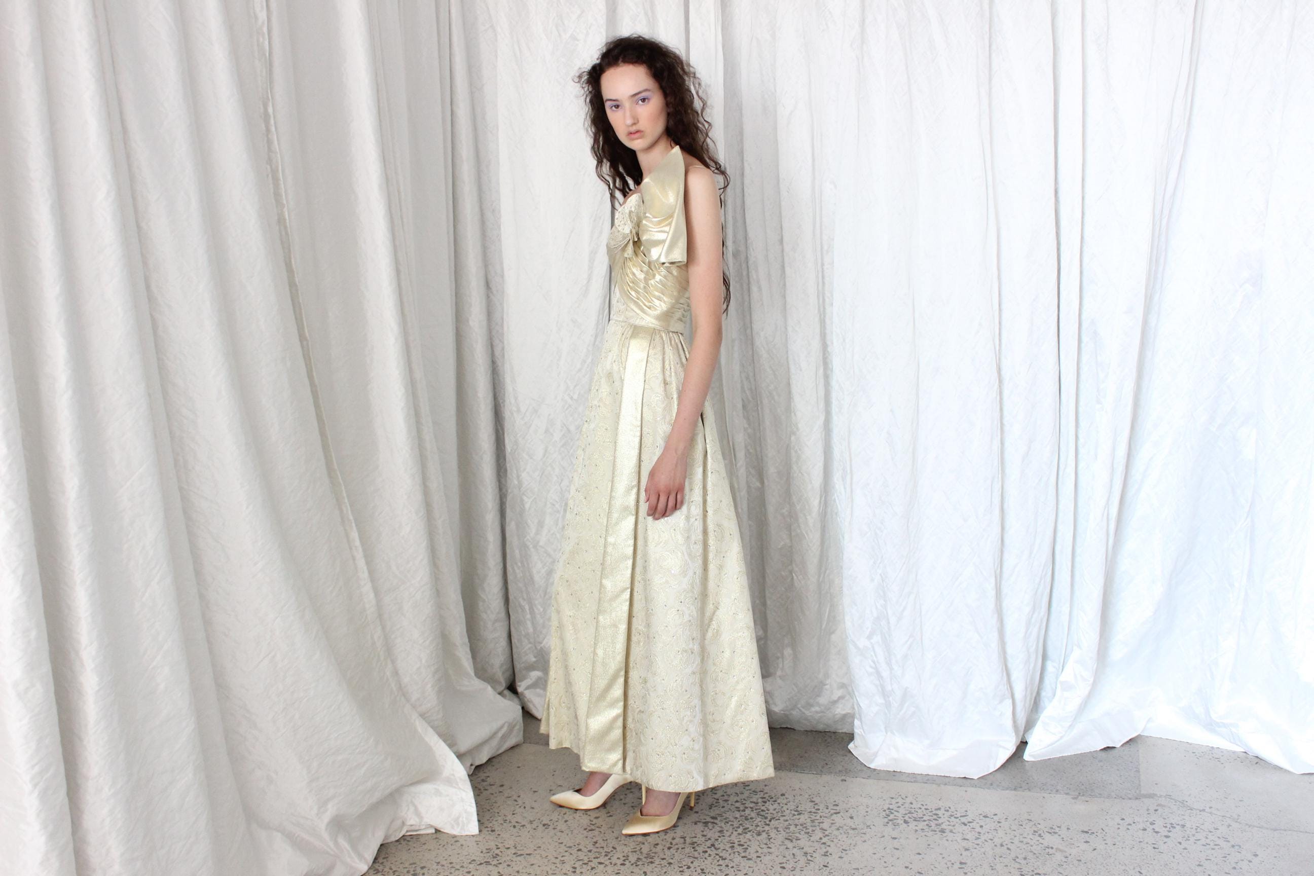 1980s Gold Hollywood Glamour Gown by Rose Taft Couture