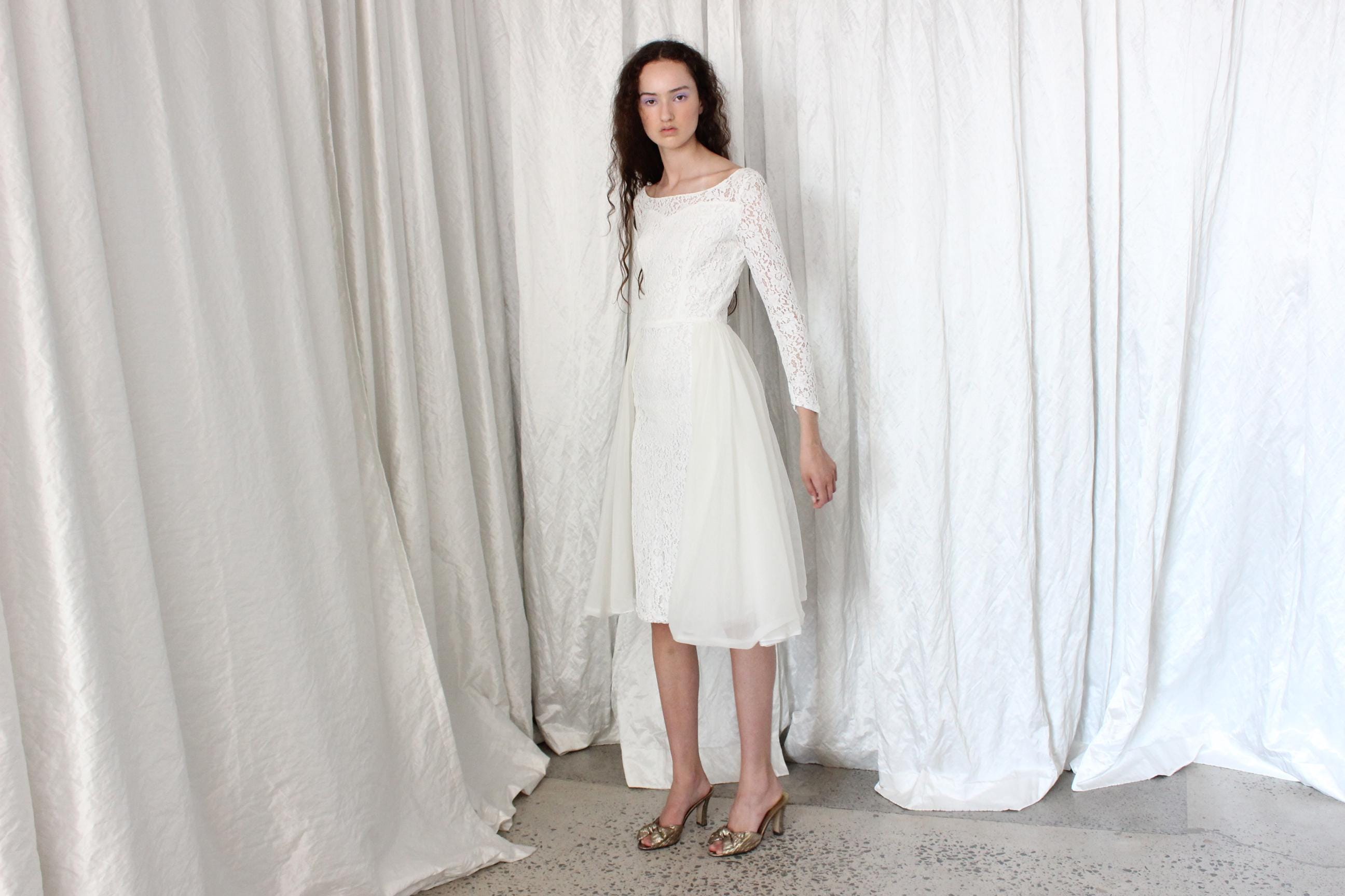 Dreamy 50s White Lace & Nylon Skirt Long Sleeve Cocktail Dress