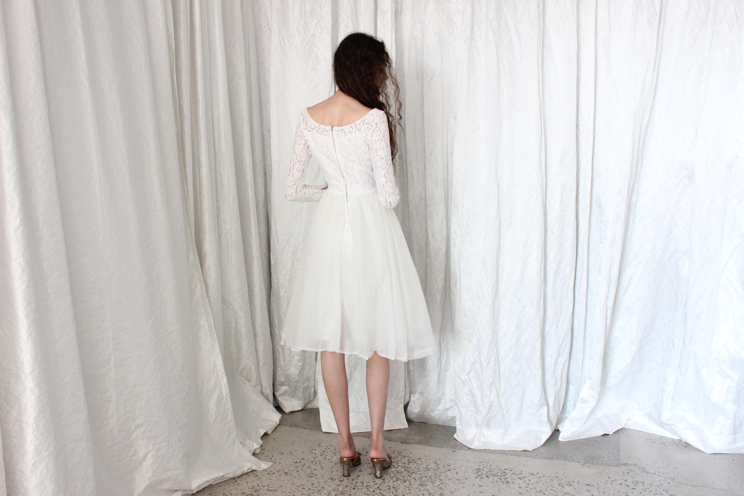 Dreamy 50s White Lace & Nylon Skirt Long Sleeve Cocktail Dress