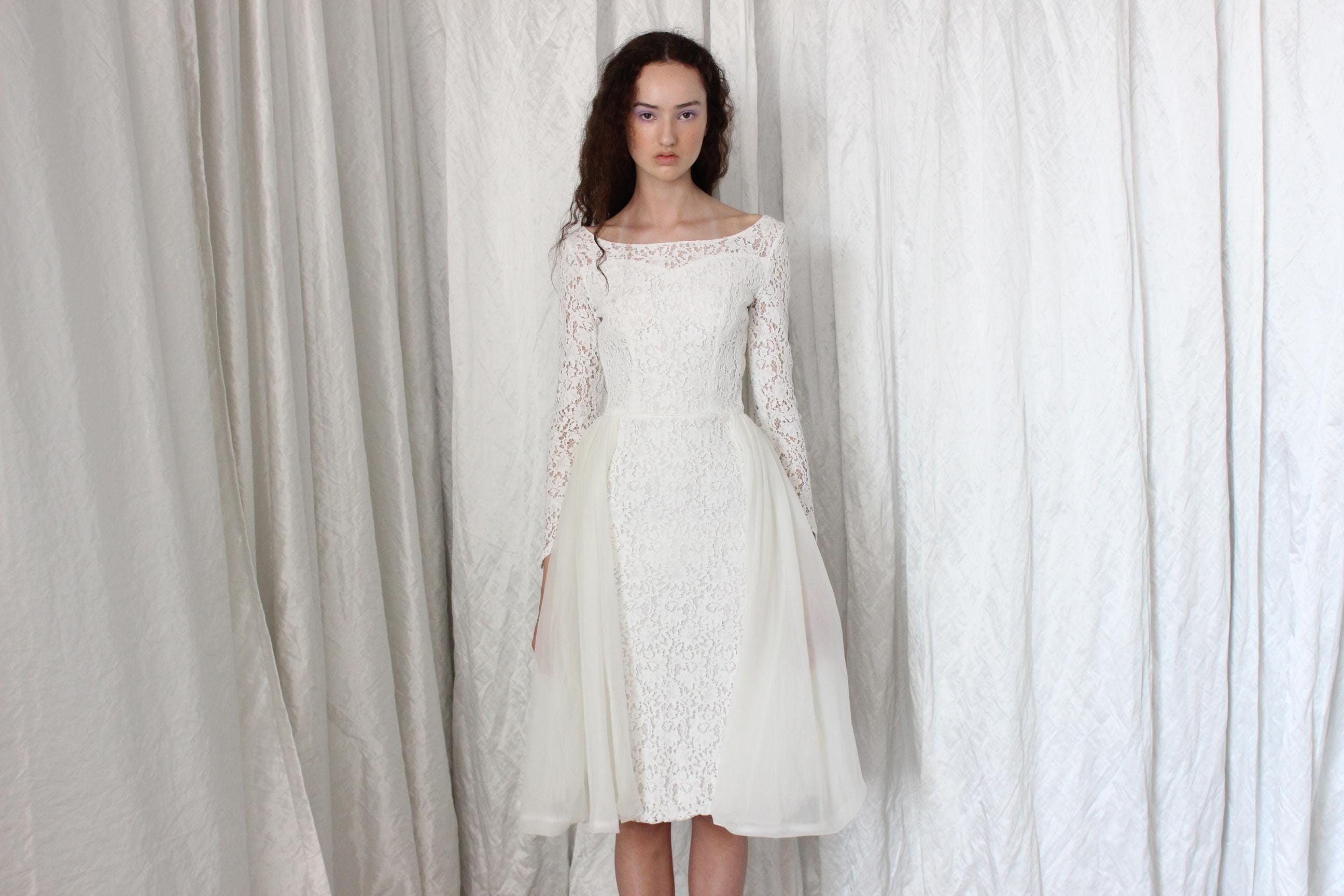 Dreamy 50s White Lace & Nylon Skirt Long Sleeve Cocktail Dress