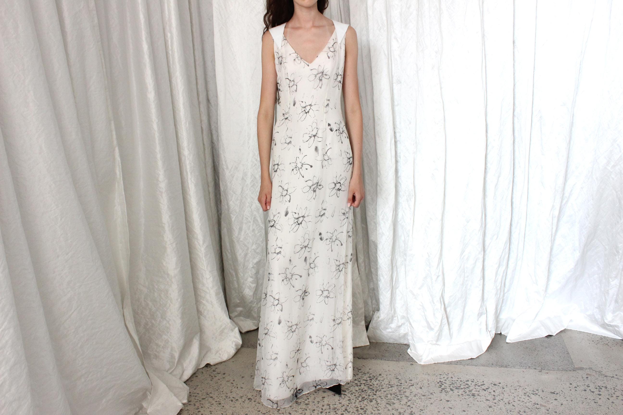 2000s White Silk Scribbled Flower & Leather Back Gown