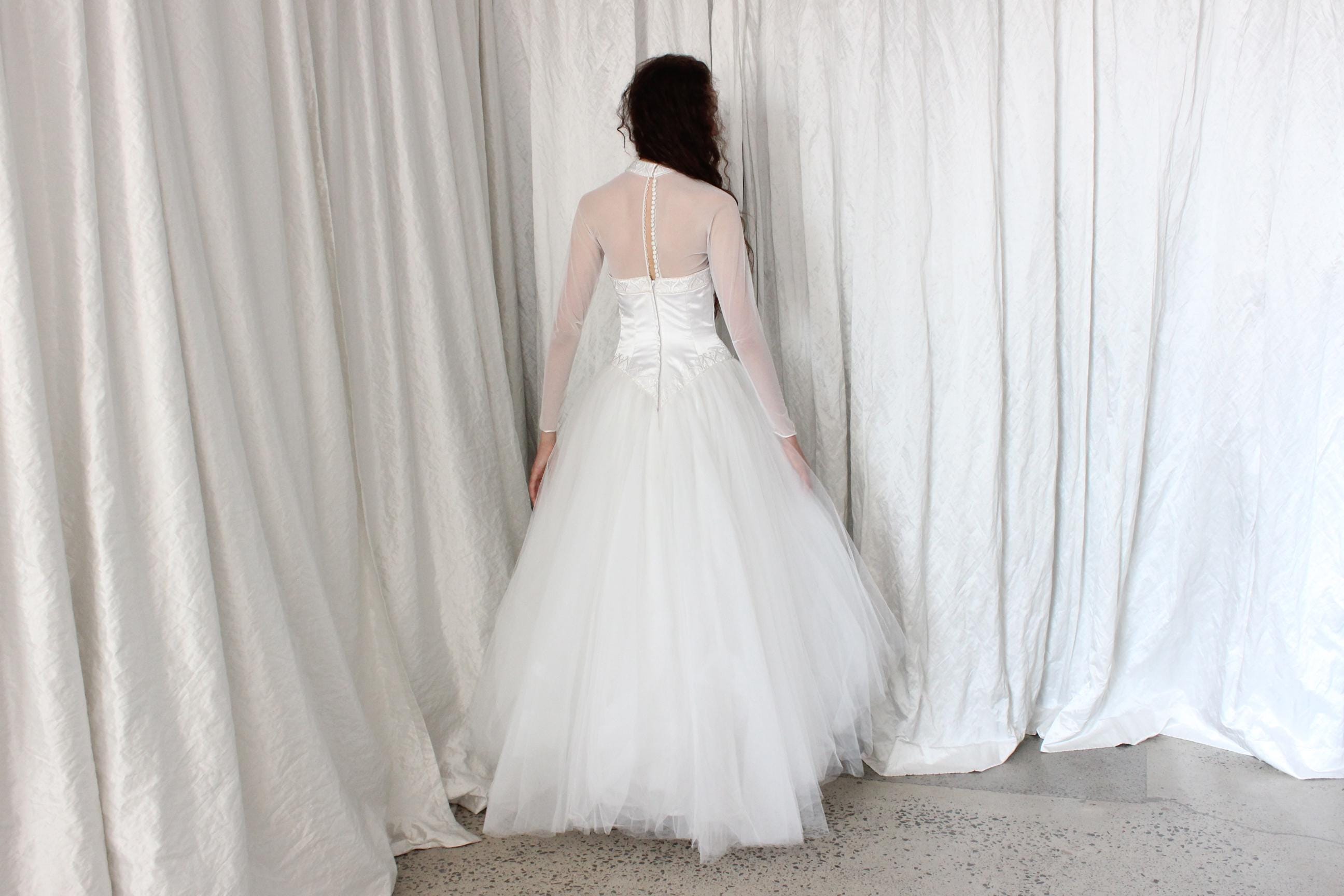 80s Morilee Mesh Sleeve Ballerina Wedding Dress