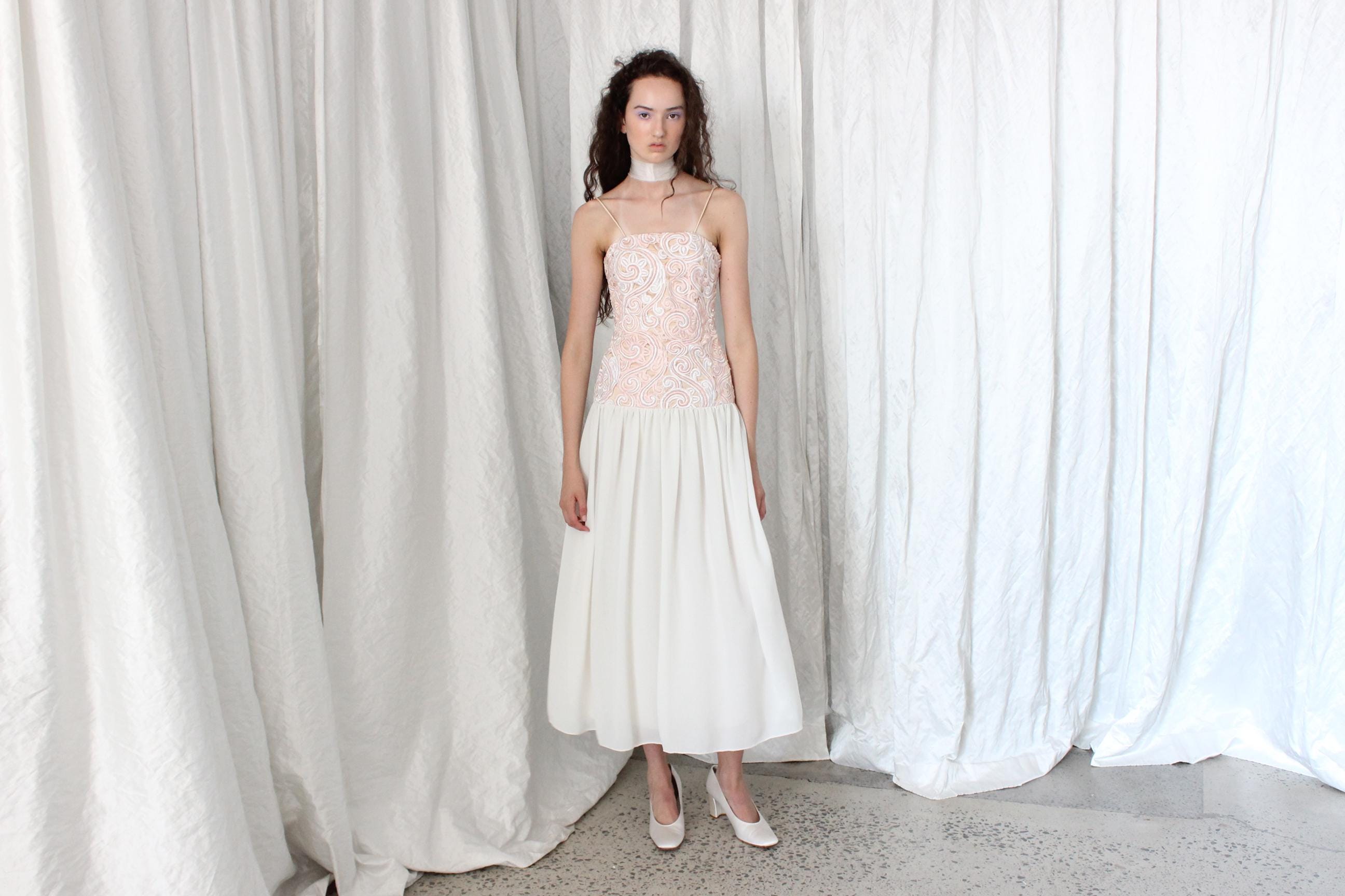 80s Silk & Cotton Cutwork Drop Waist Dress