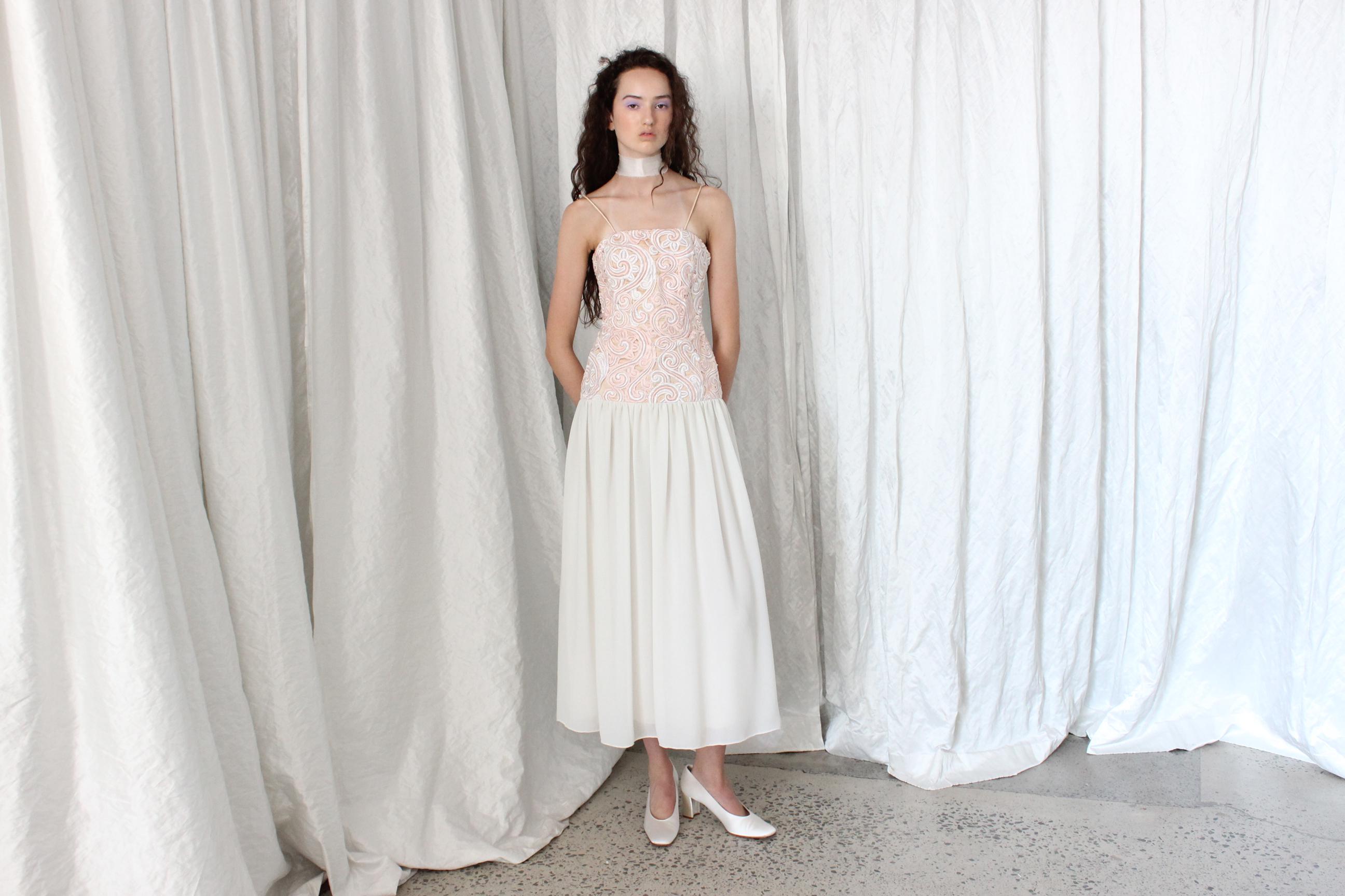 80s Silk & Cotton Cutwork Drop Waist Dress