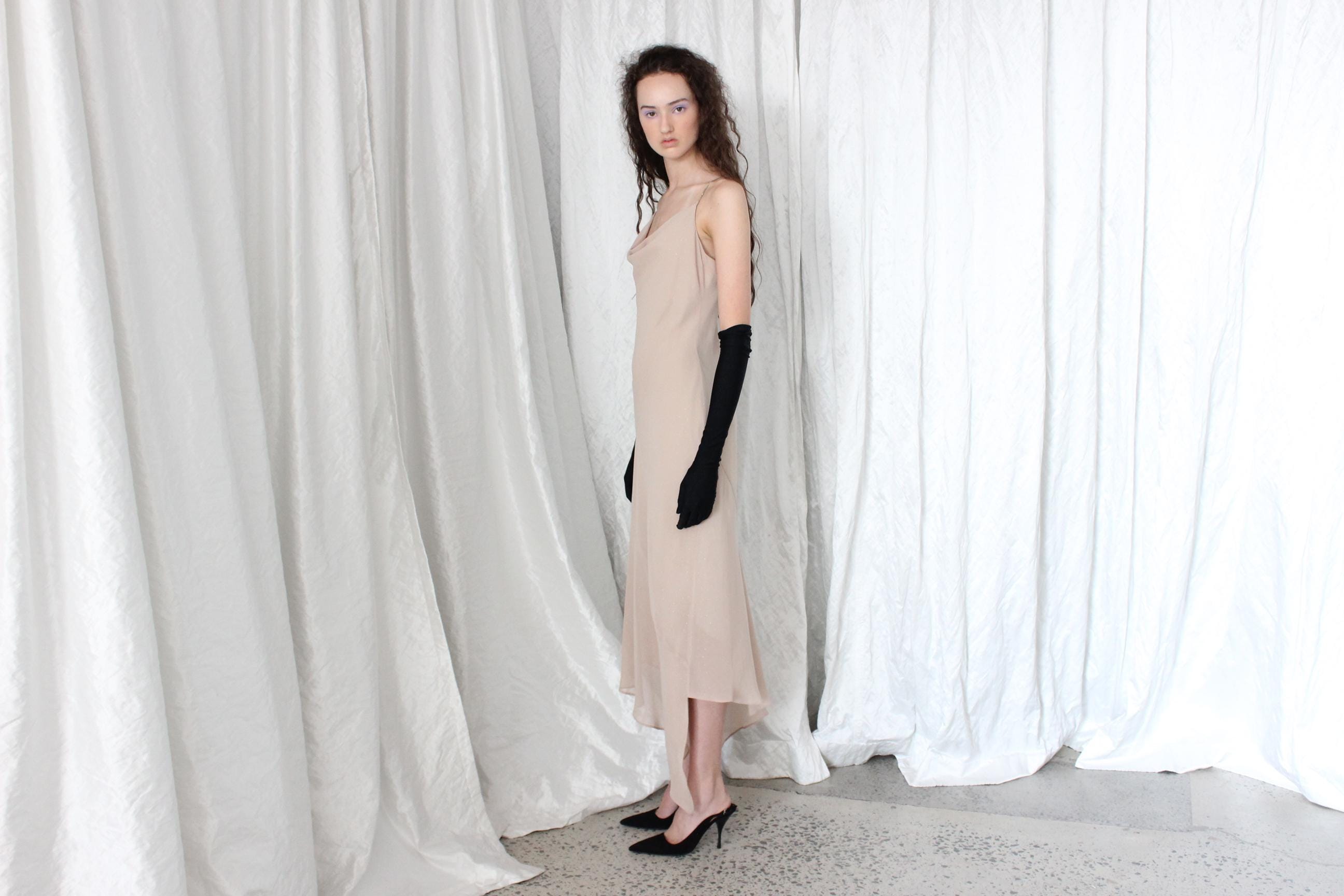 Sexy Y2K Bias Cut Asymmetric Tan Spaghetti Strap Slip