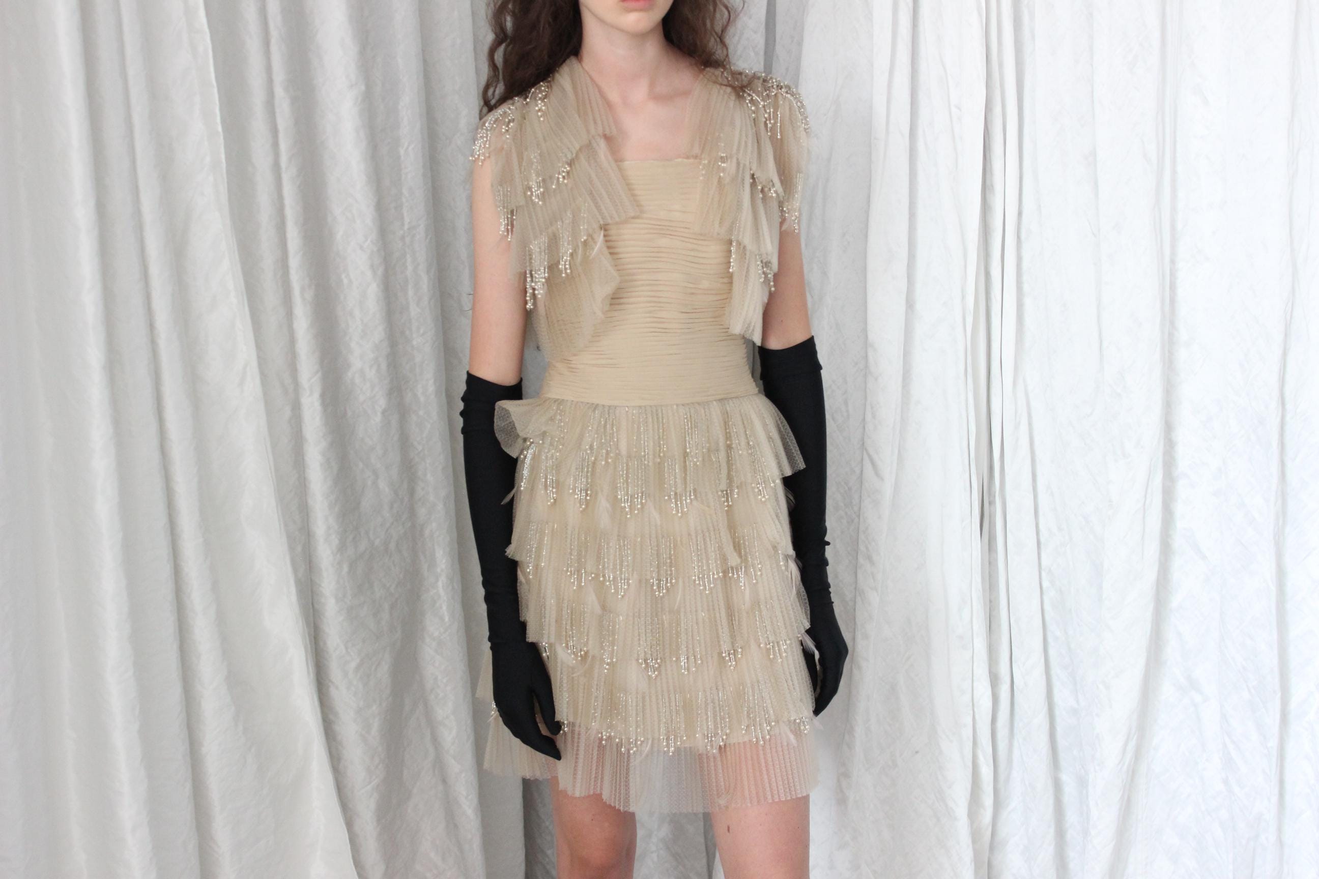80s Plisse, Beaded, Feathered Showgirl Mini & Bolero Set