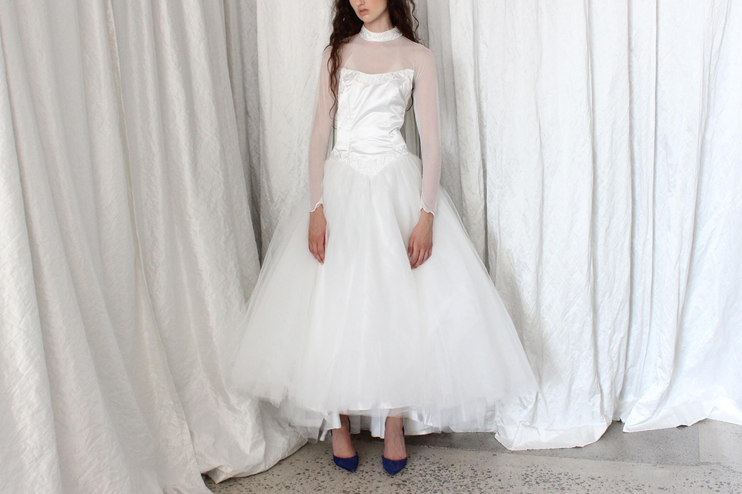 80s Morilee Mesh Sleeve Ballerina Wedding Dress