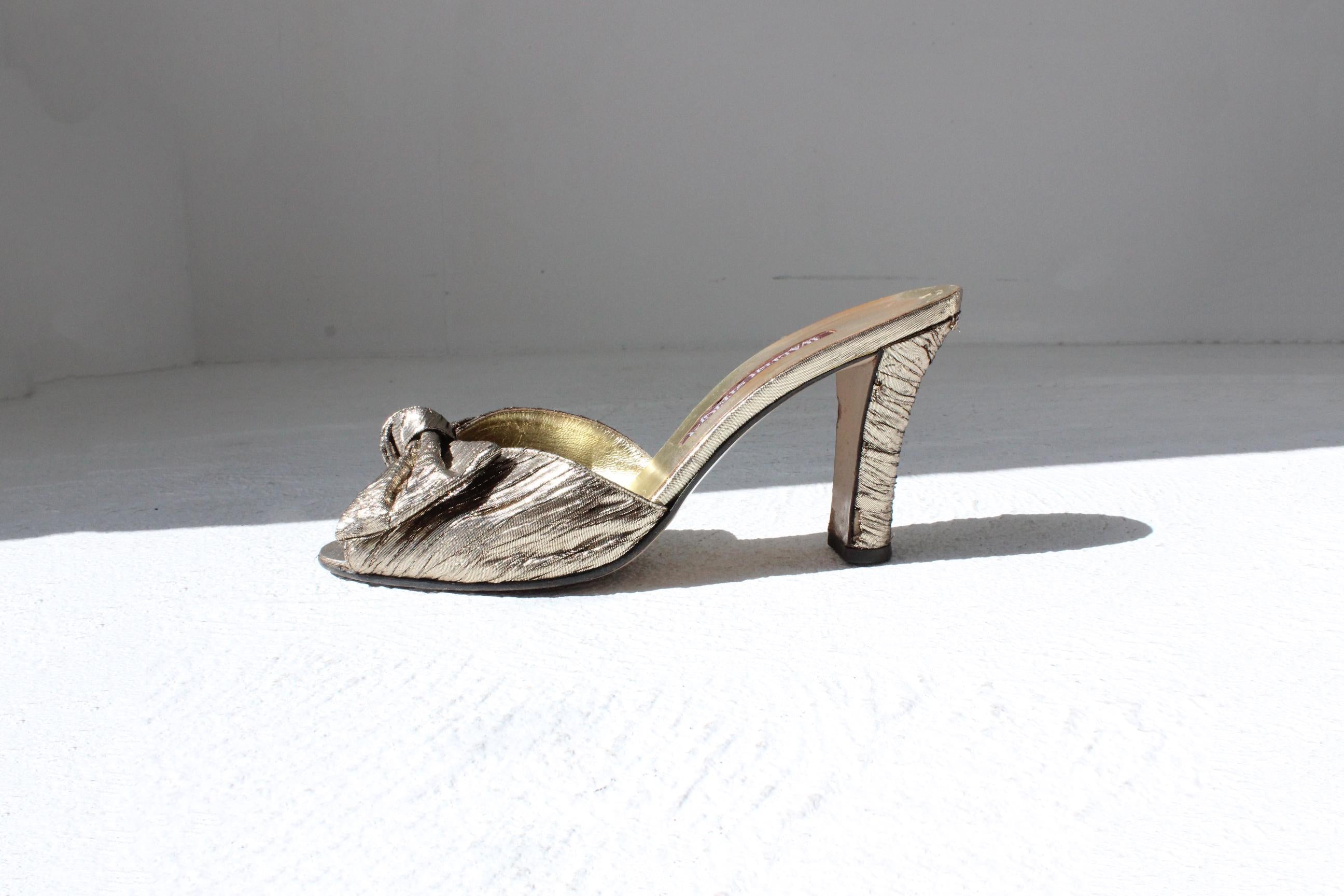 80s Gold Metallic Lamé Open Toe Bow Heels - Euro 40