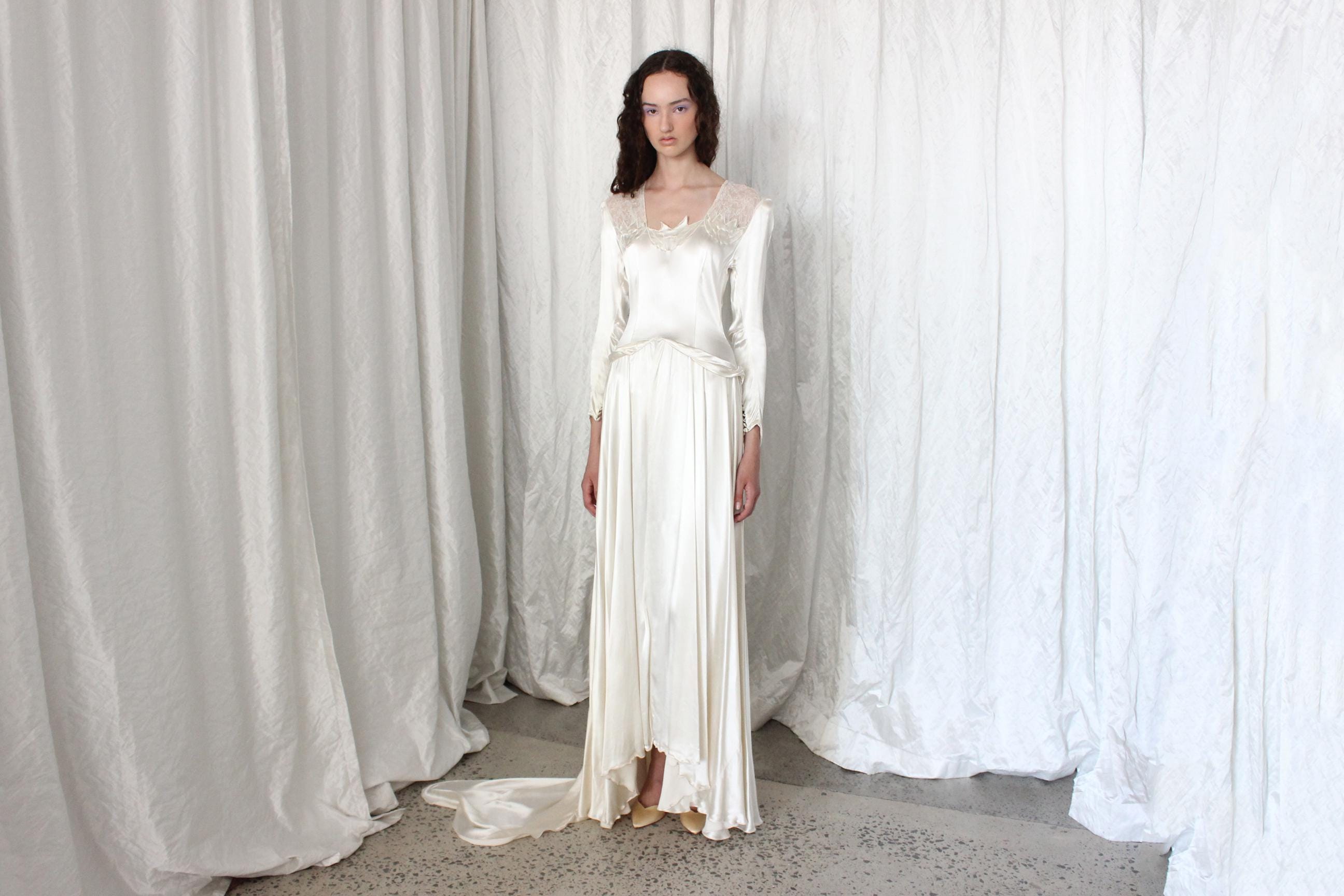 1949 Liquid Silk Satin Drop Waist Long Sleeve Vintage Wedding Gown