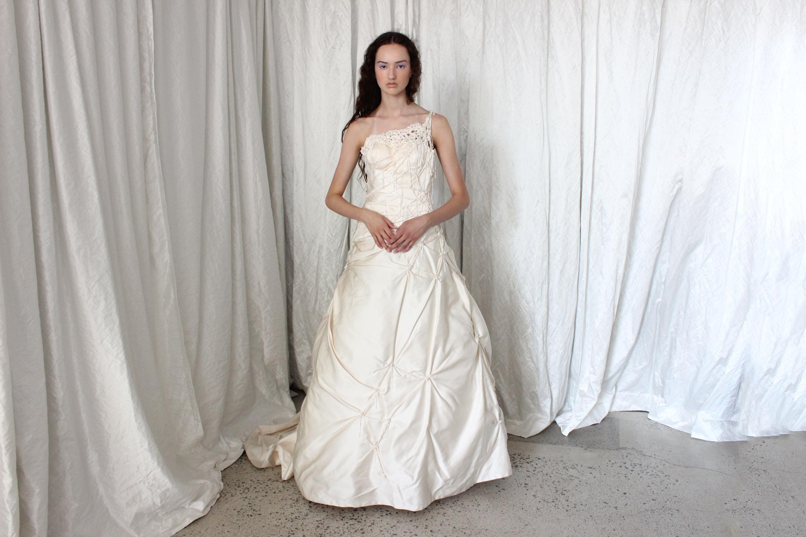 Wild 2000s Duchess Silk Asymmetric Textural Wedding Gown w/ Knots & Beading