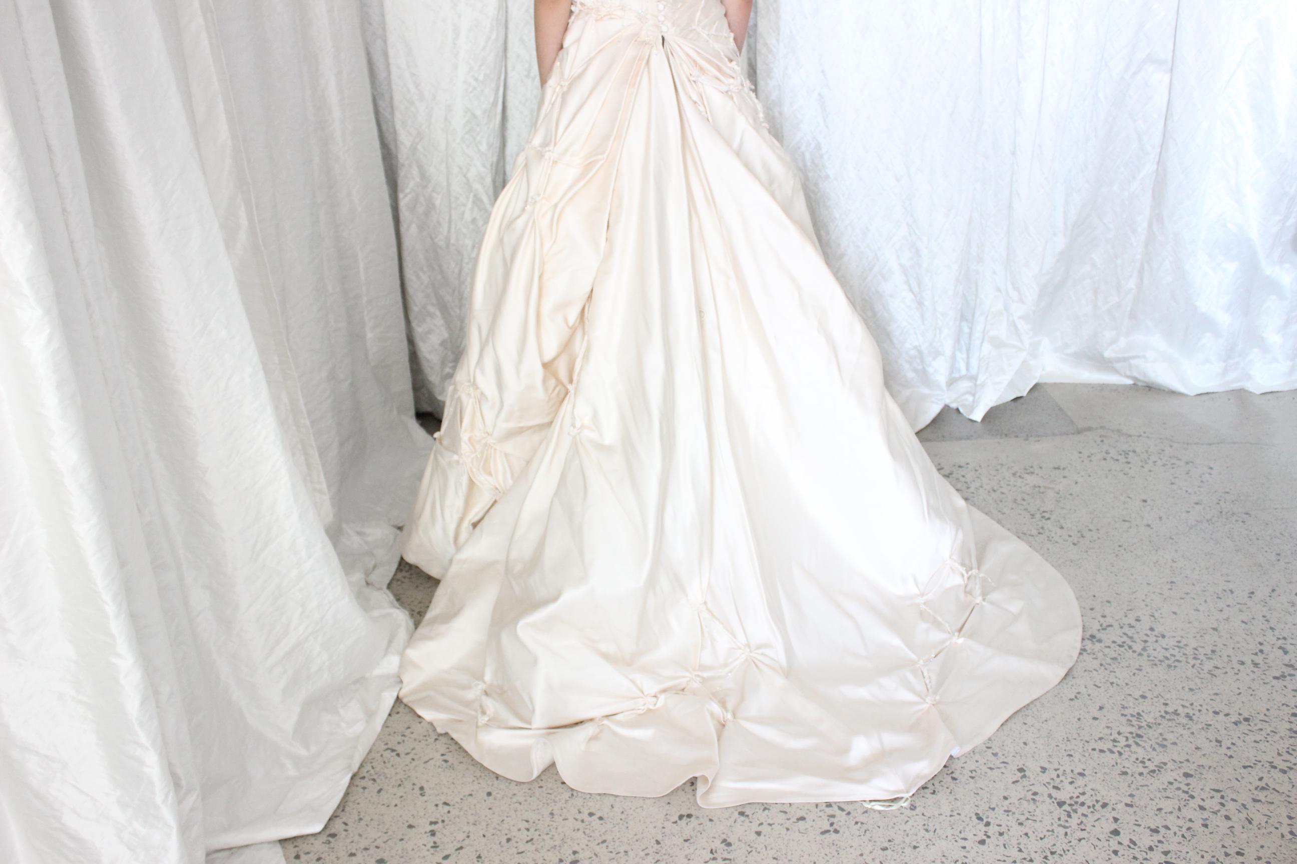 Wild 2000s Duchess Silk Asymmetric Textural Wedding Gown w/ Knots & Beading
