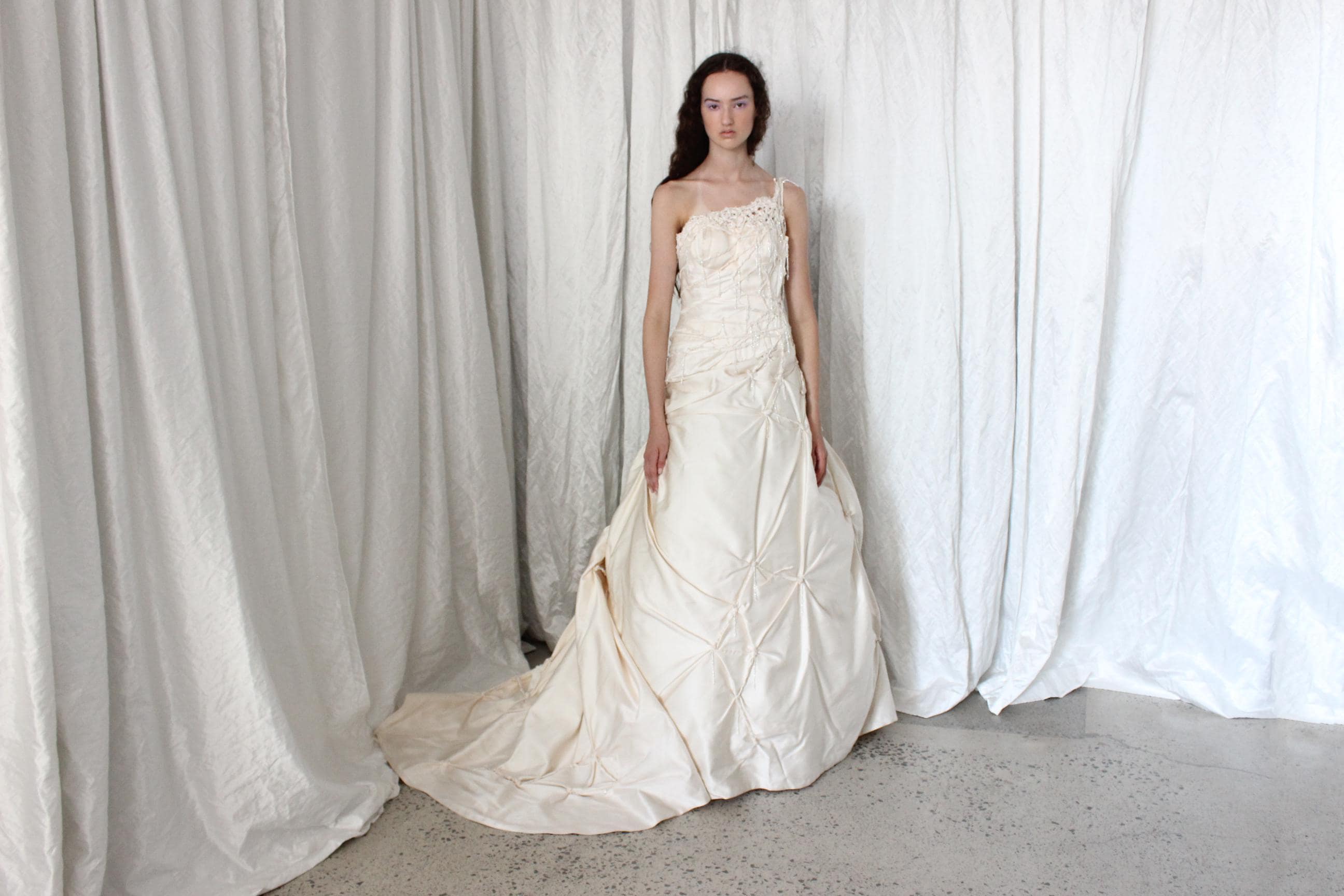 Wild 2000s Duchess Silk Asymmetric Textural Wedding Gown w/ Knots & Beading