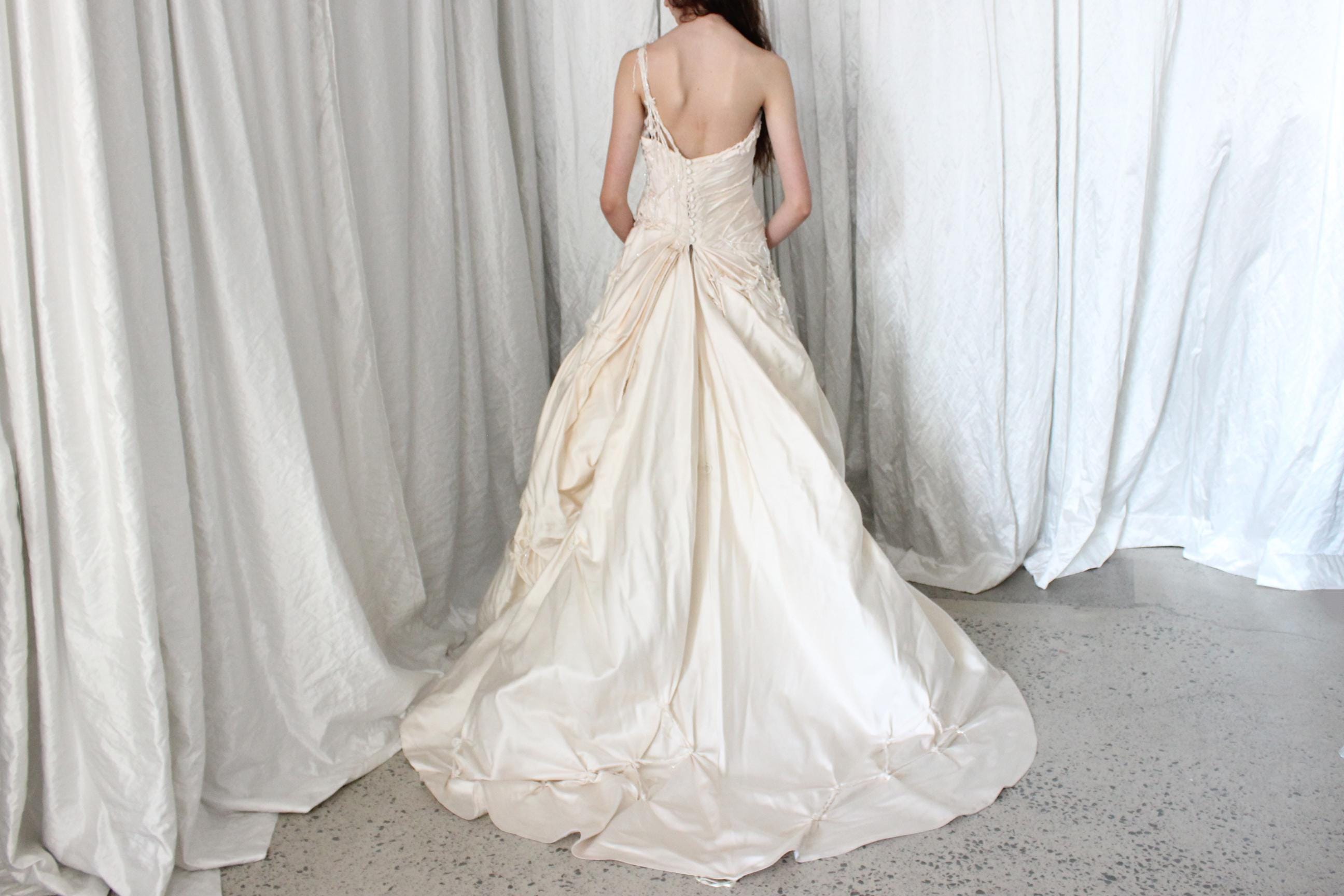 Wild 2000s Duchess Silk Asymmetric Textural Wedding Gown w/ Knots & Beading