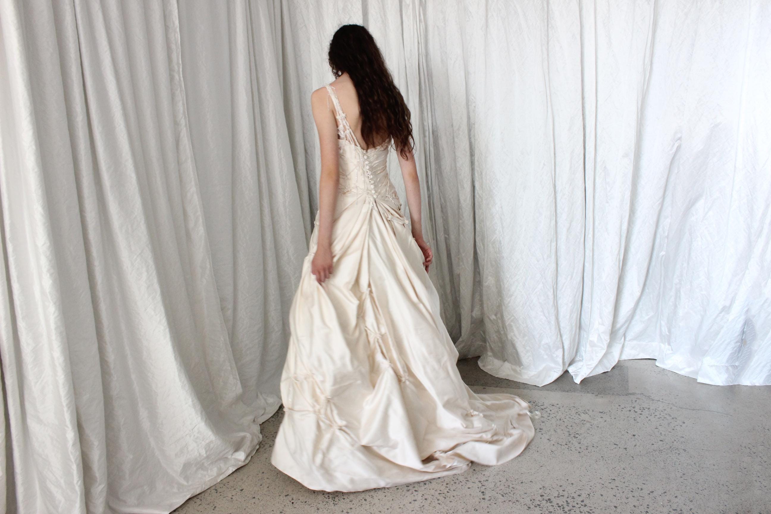Wild 2000s Duchess Silk Asymmetric Textural Wedding Gown w/ Knots & Beading
