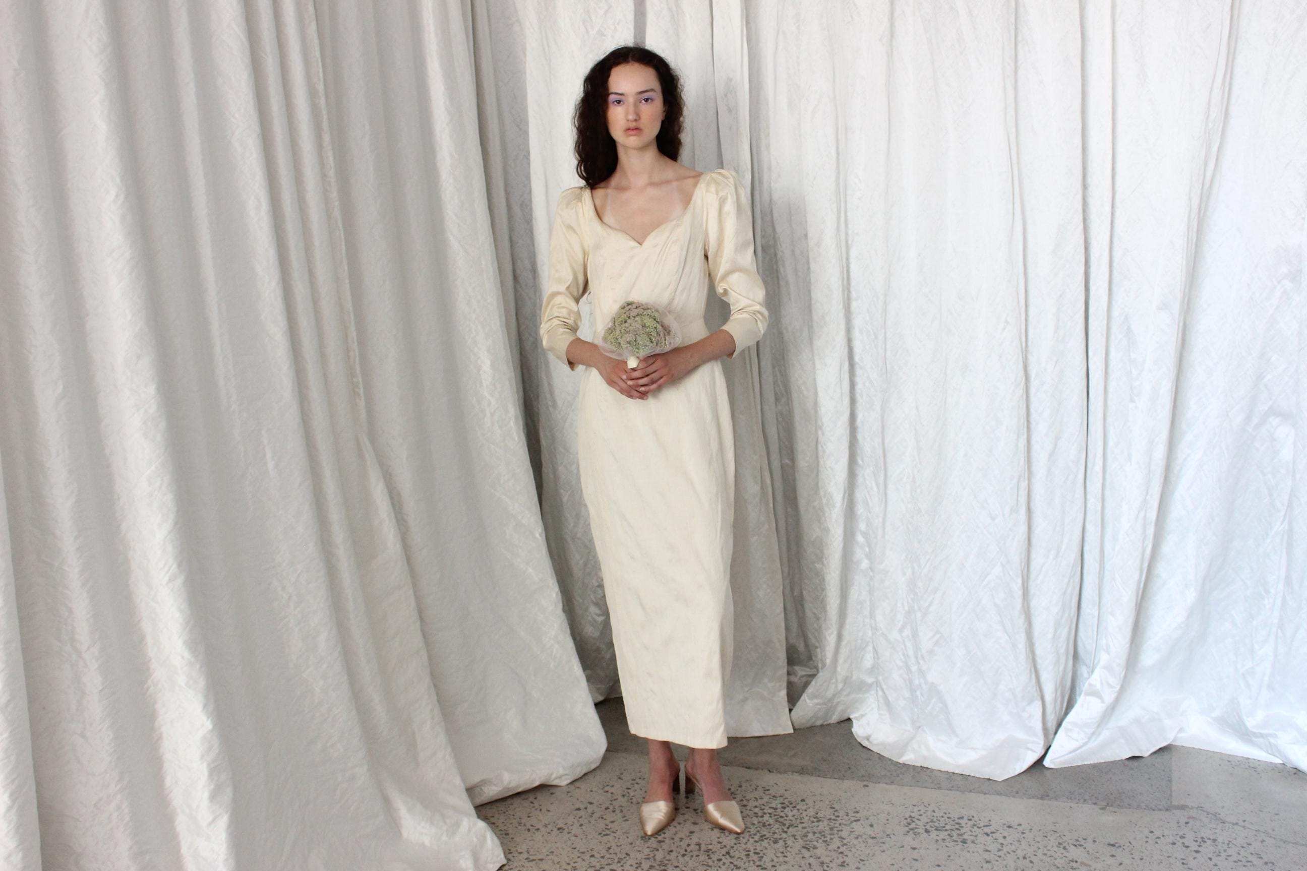 90s Raw Silk Long Sleeve Column Wedding Gown