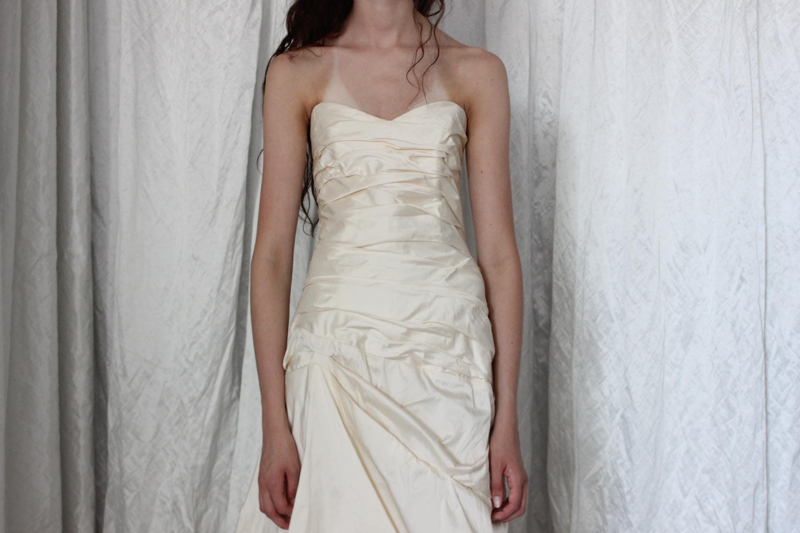 2000s Raw Silk Strapless Gathered & Tucked Gown