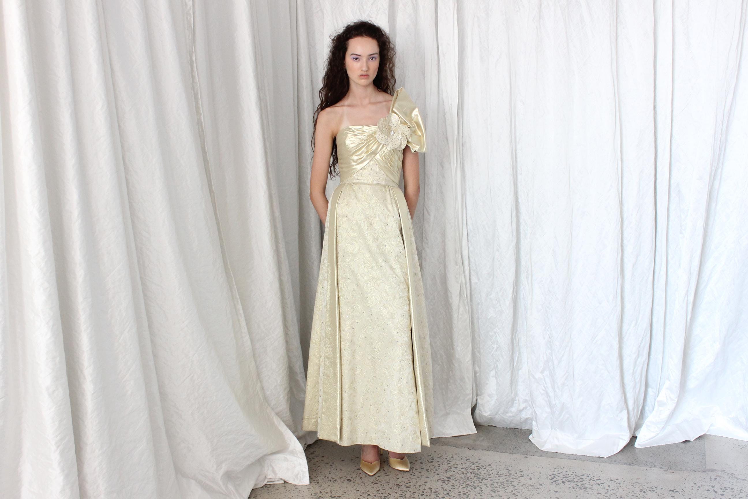 1980s Gold Hollywood Glamour Gown by Rose Taft Couture