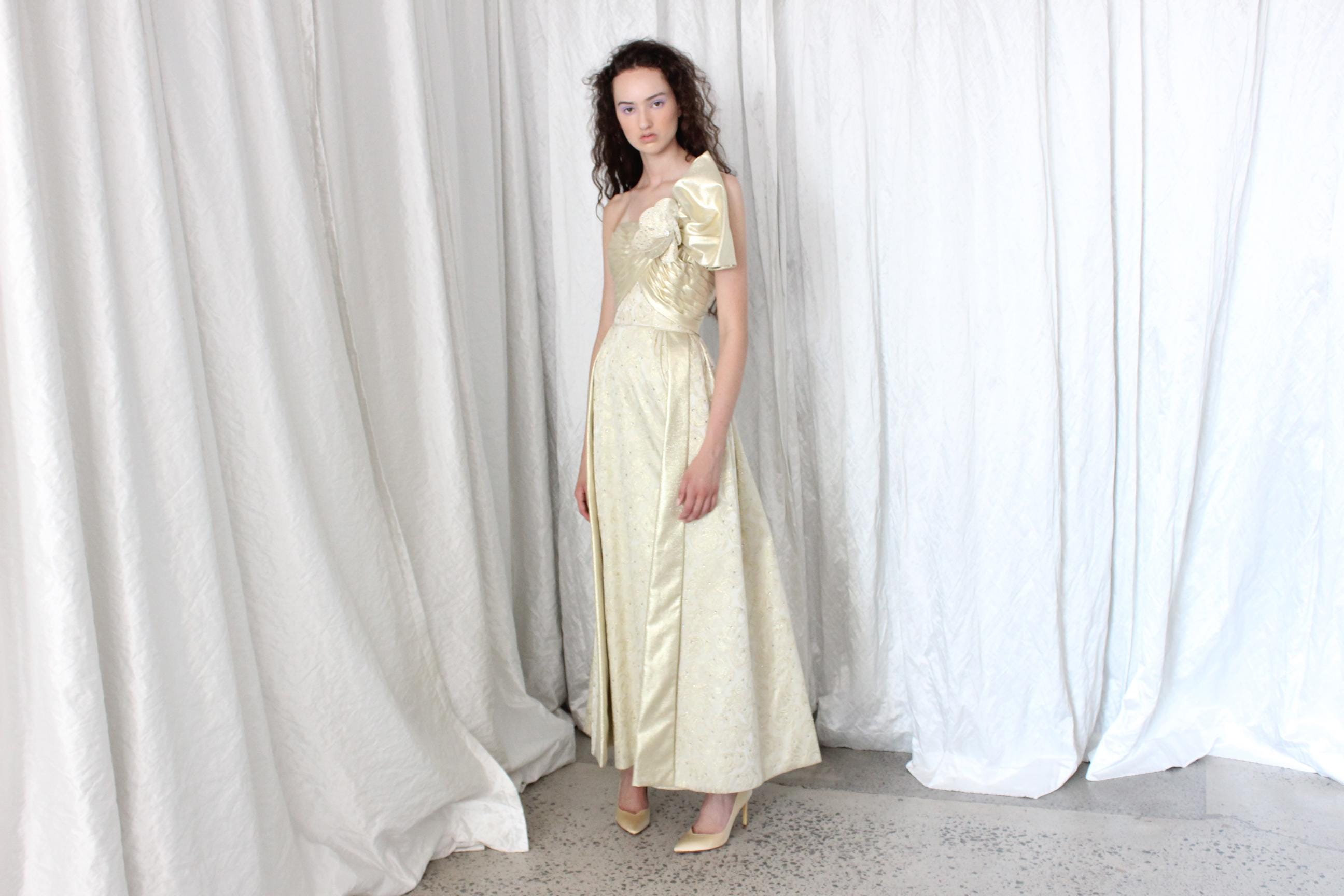 1980s Gold Hollywood Glamour Gown by Rose Taft Couture