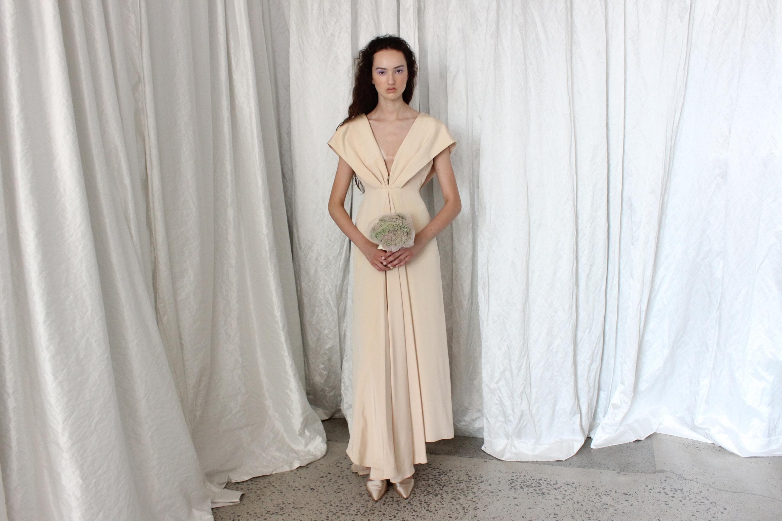 2000s New York Designer Sample Peach Silk Sculptural Gown