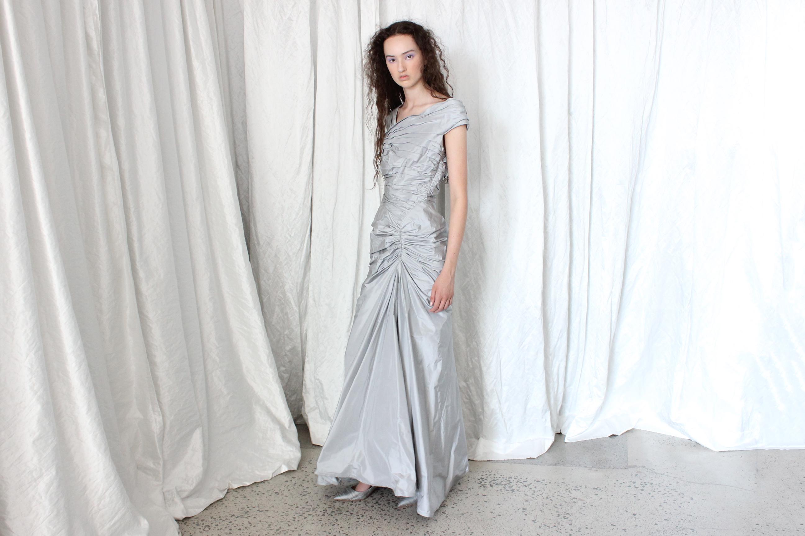 2000s TADASHI Silk Taffeta Ruched Mermaid Gown