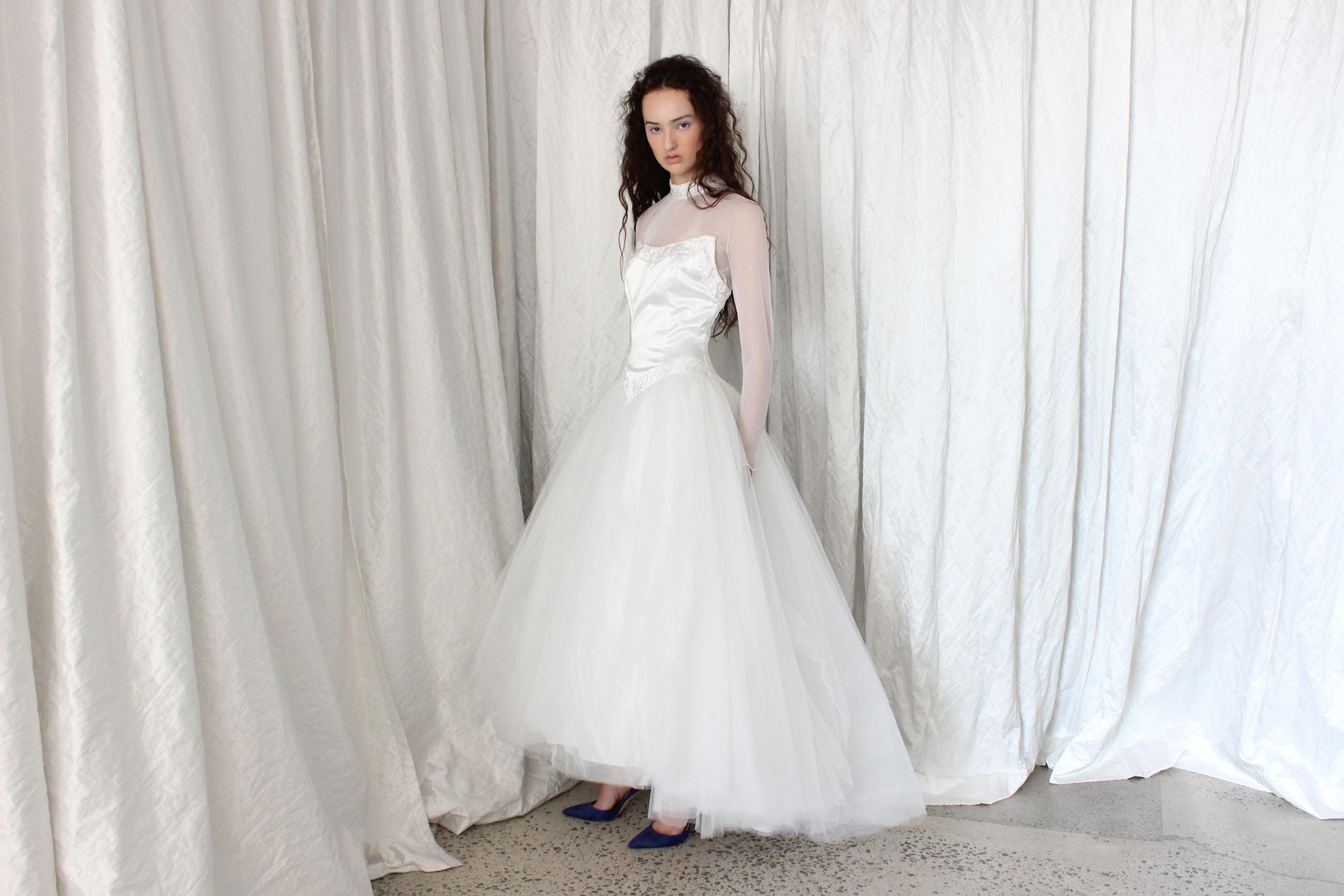 80s Morilee Mesh Sleeve Ballerina Wedding Dress