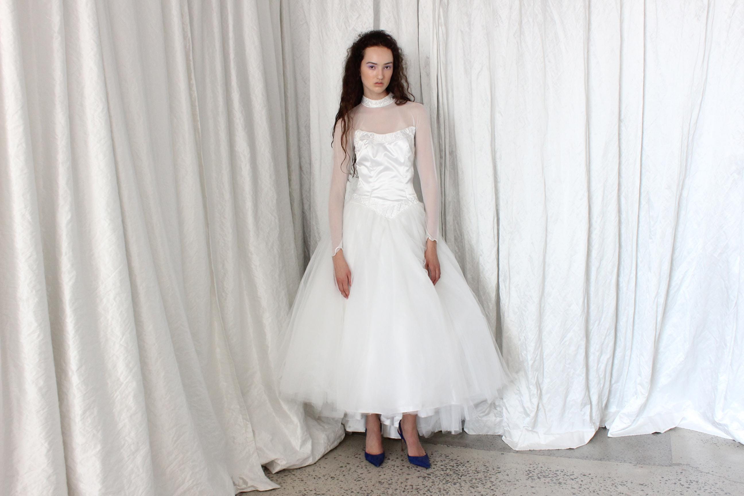 80s Morilee Mesh Sleeve Ballerina Wedding Dress
