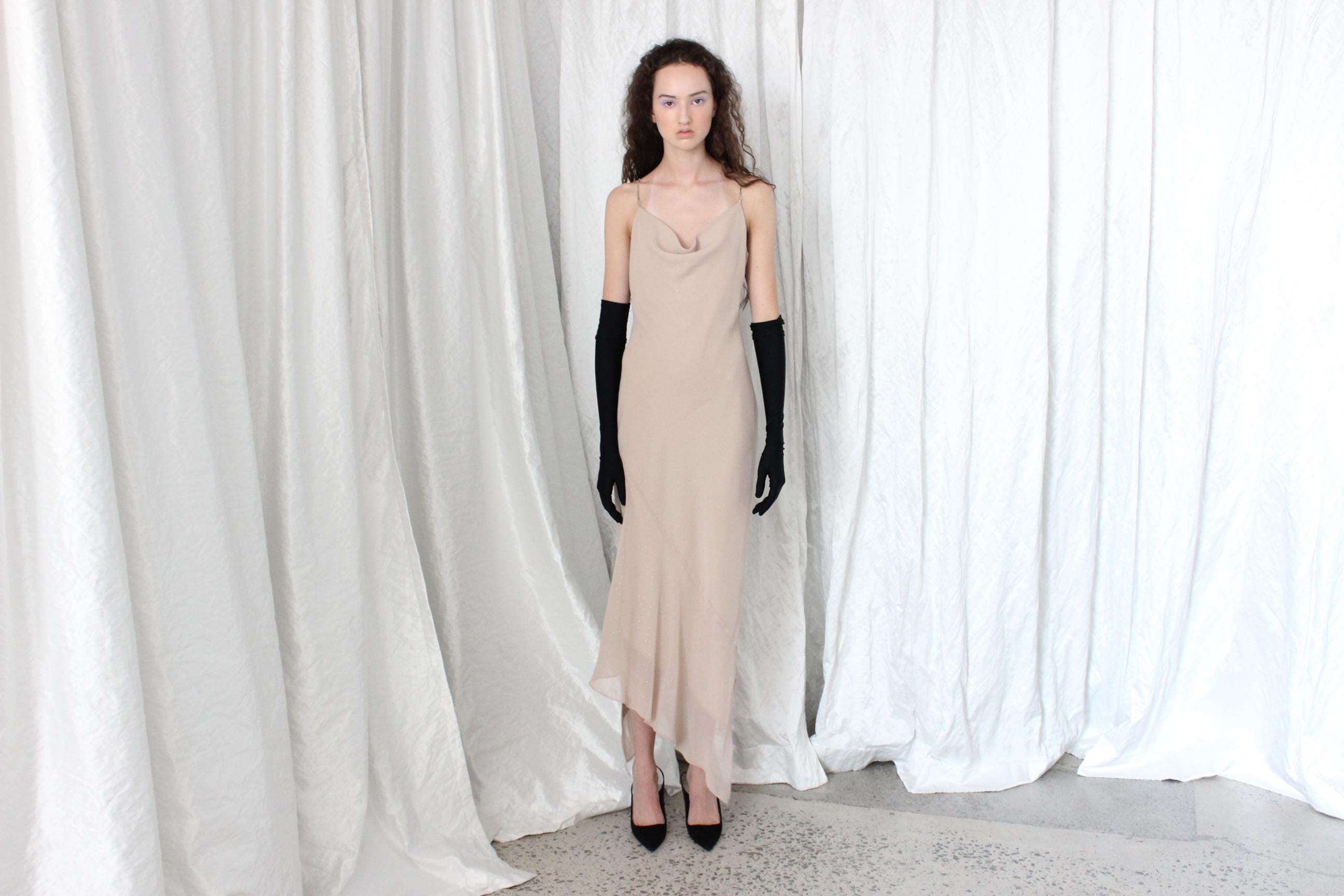 Sexy Y2K Bias Cut Asymmetric Tan Spaghetti Strap Slip