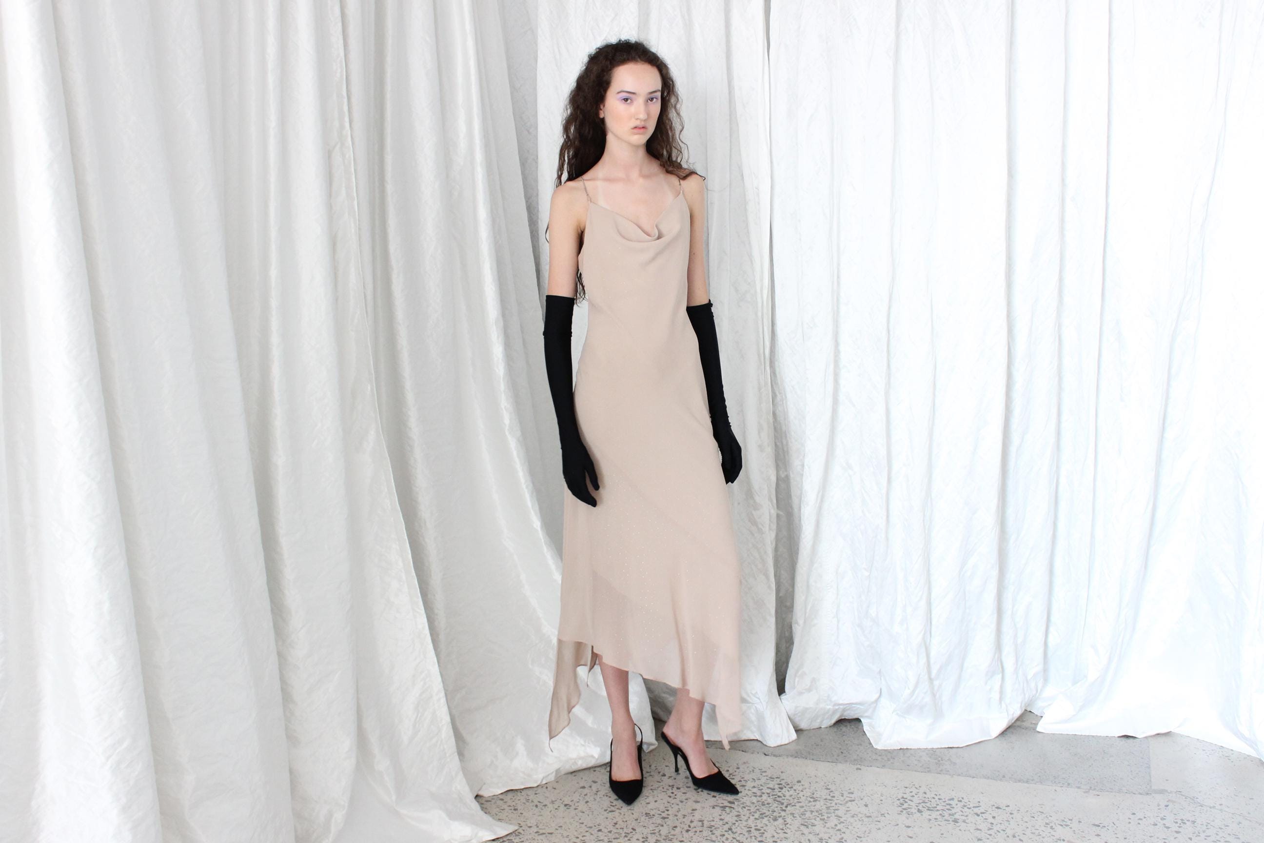 Sexy Y2K Bias Cut Asymmetric Tan Spaghetti Strap Slip