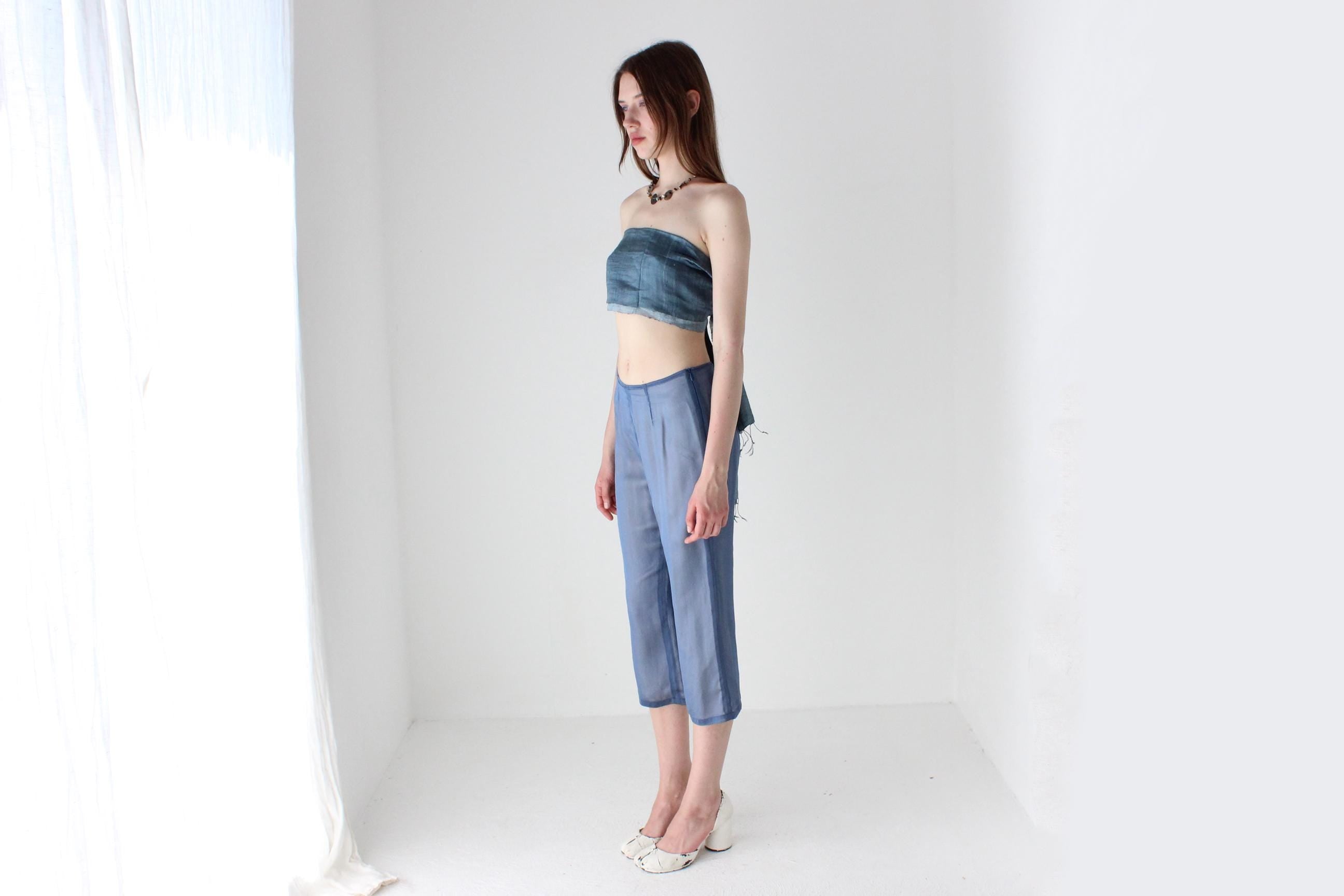 90s Futuristic Sheer Blue 'Illusion' Silk Capri Pants