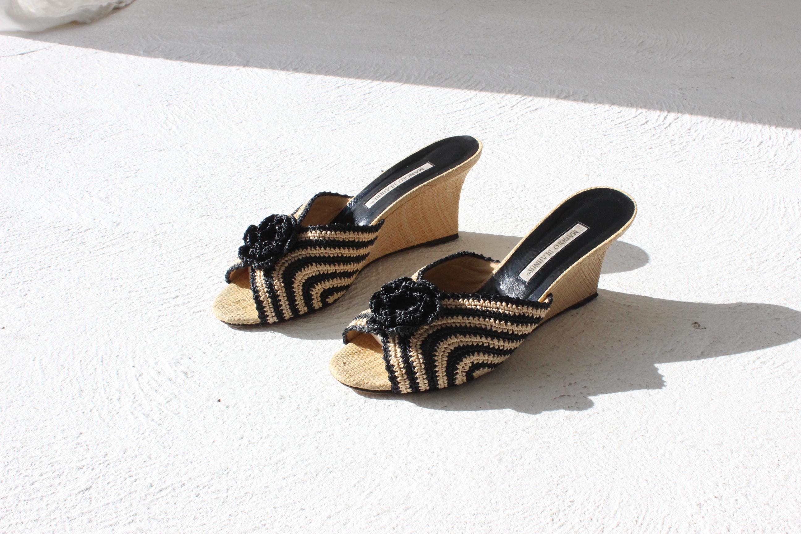 Vintage Manolo Blahnik Striped Raffia Wedges w/ 3D Flower ~ Euro 38