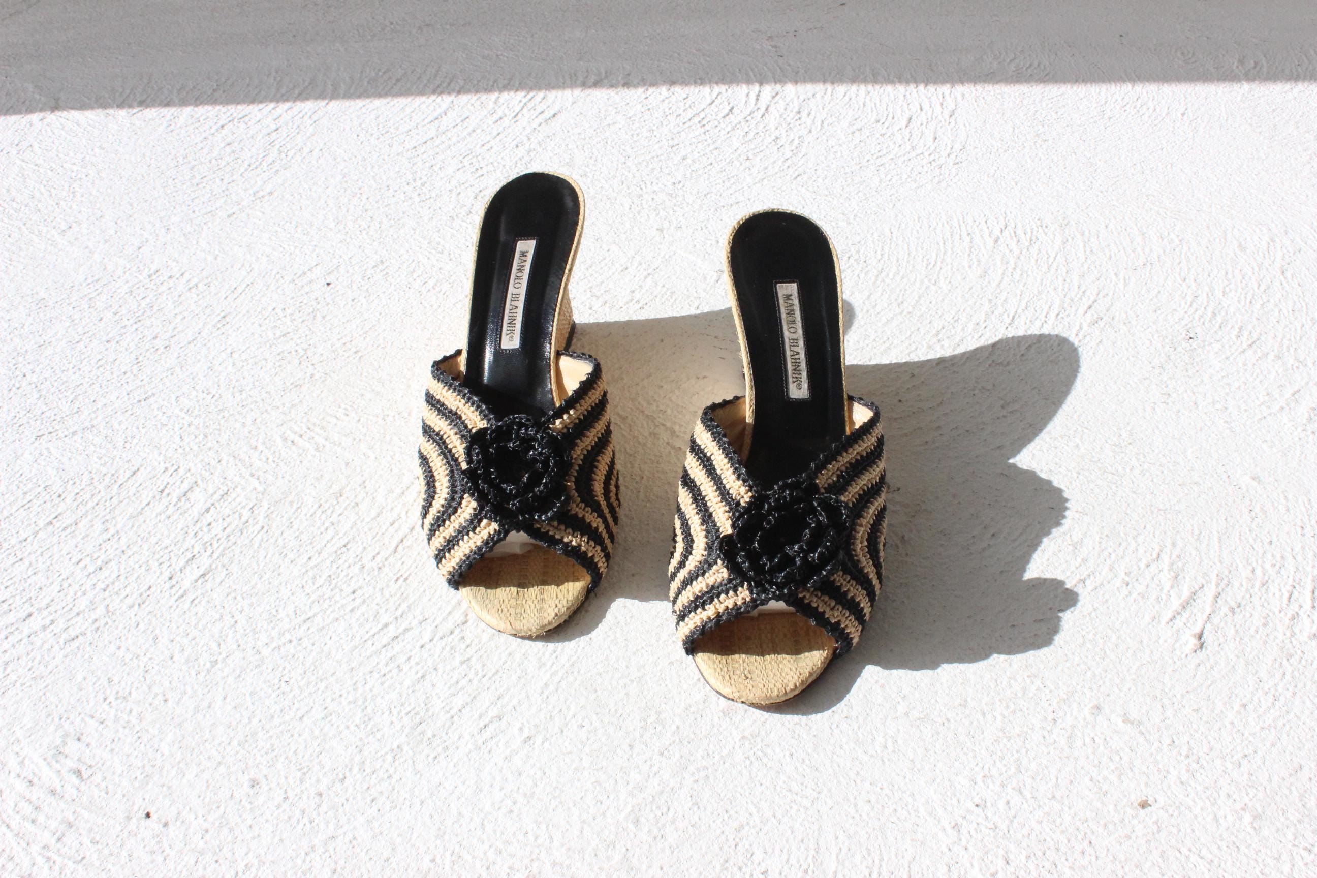 Vintage Manolo Blahnik Striped Raffia Wedges w/ 3D Flower ~ Euro 38